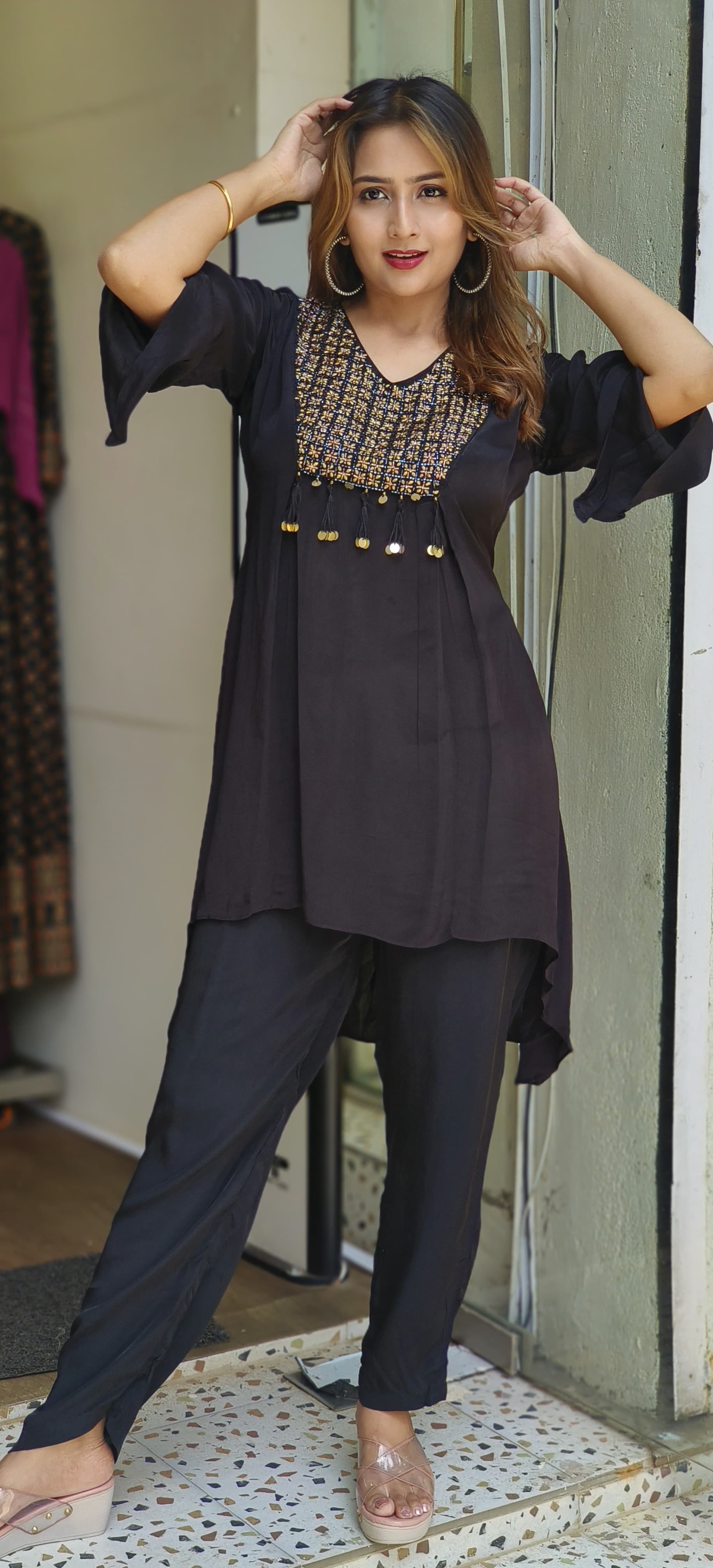 Pure Crape black cutdana embroidery top with pant set-05401