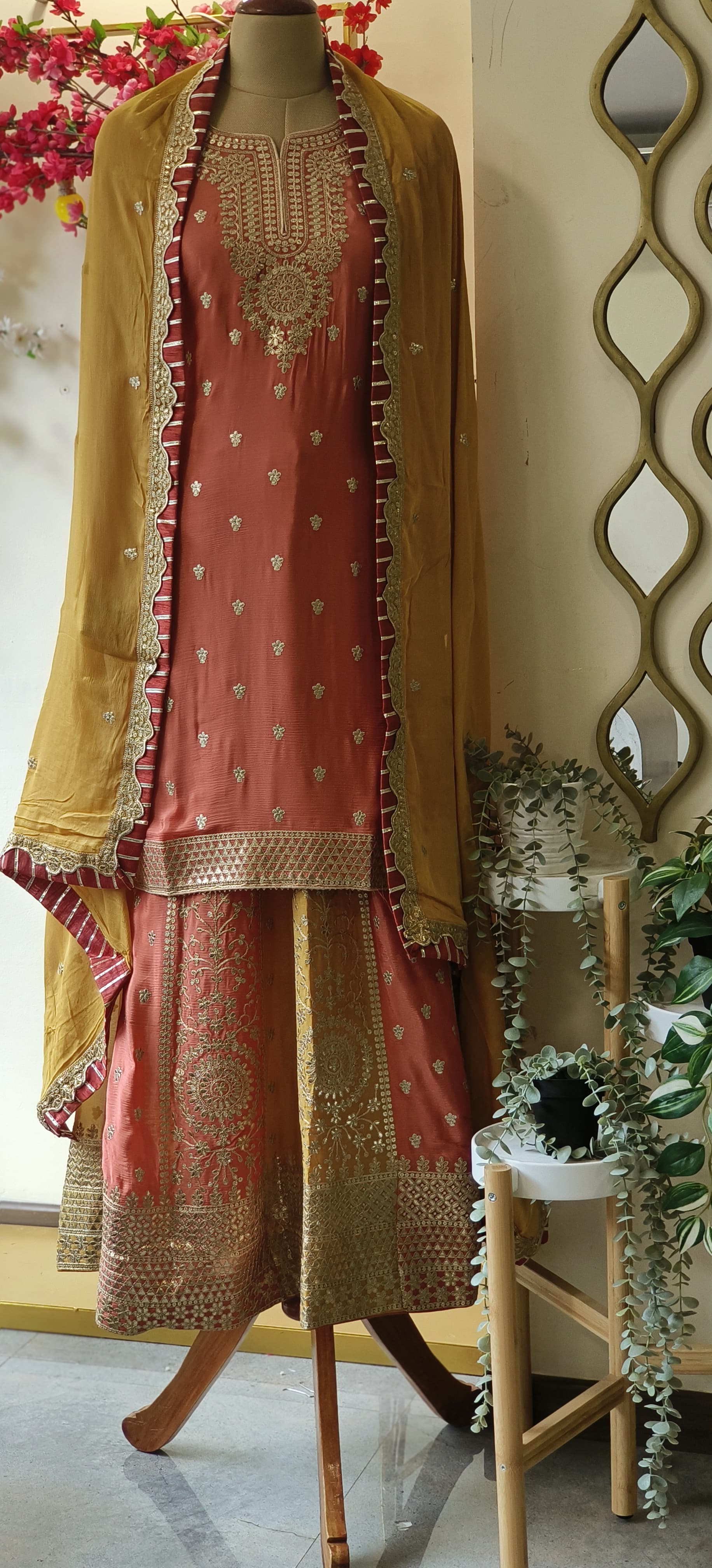 Chinon Beautiful  round neck kurta with multicolour skirt and dupatta  DRY WASH -05900