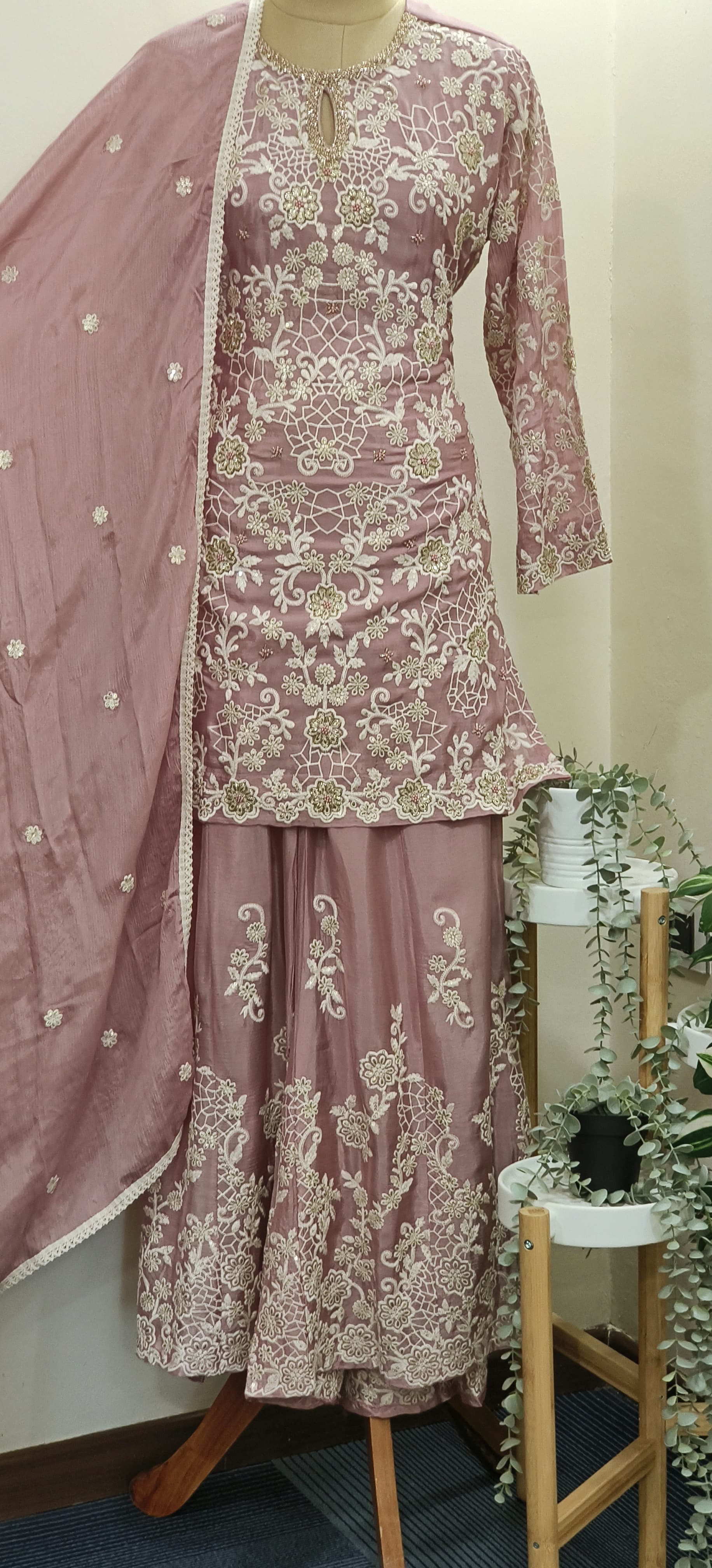 Beautiful chinon thread embroidery full set with embroidery plazzo and dupatta  DRY WASH 05902