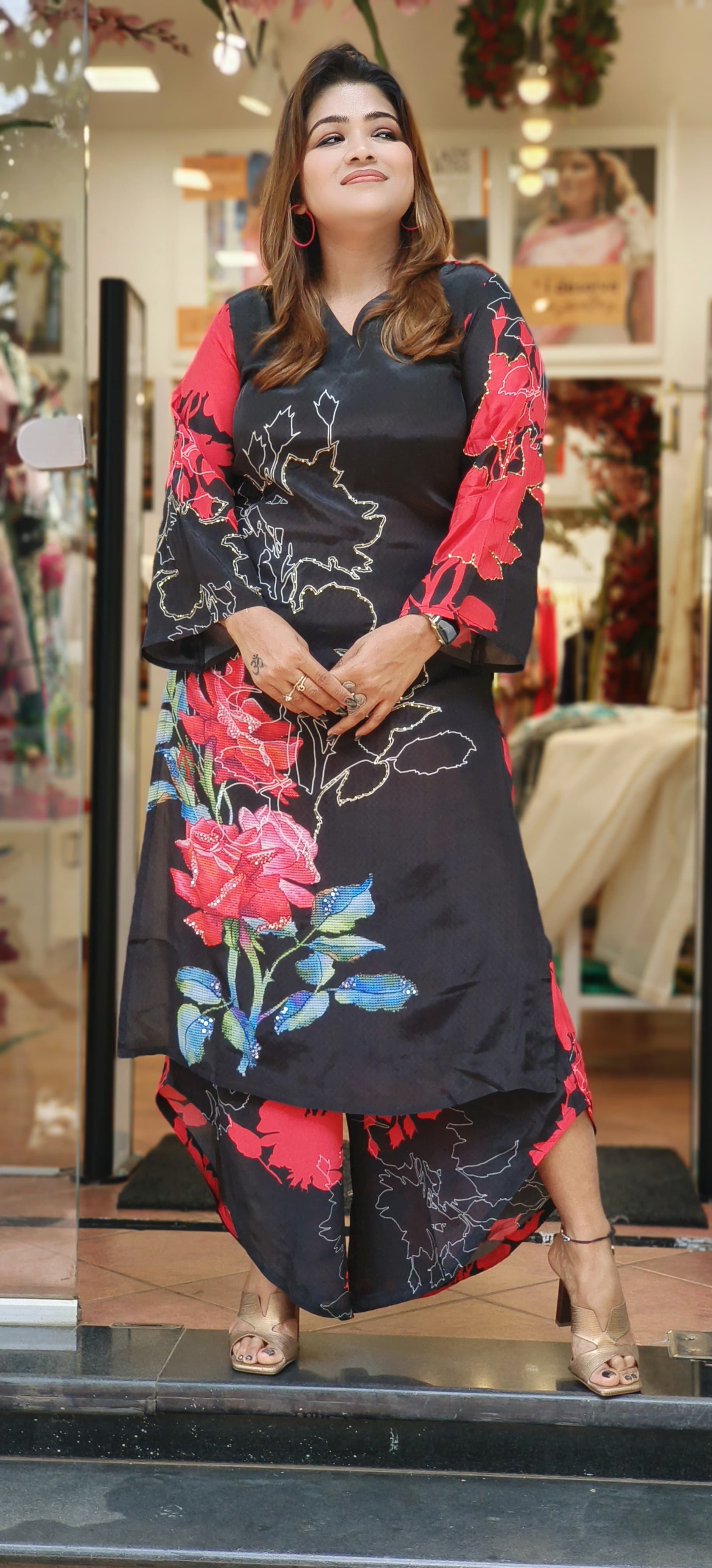 Beautiful floral printed crape V-neck kurta high and low pant set of-2 DRY WASH-0  (Dispacthing after 15 days)