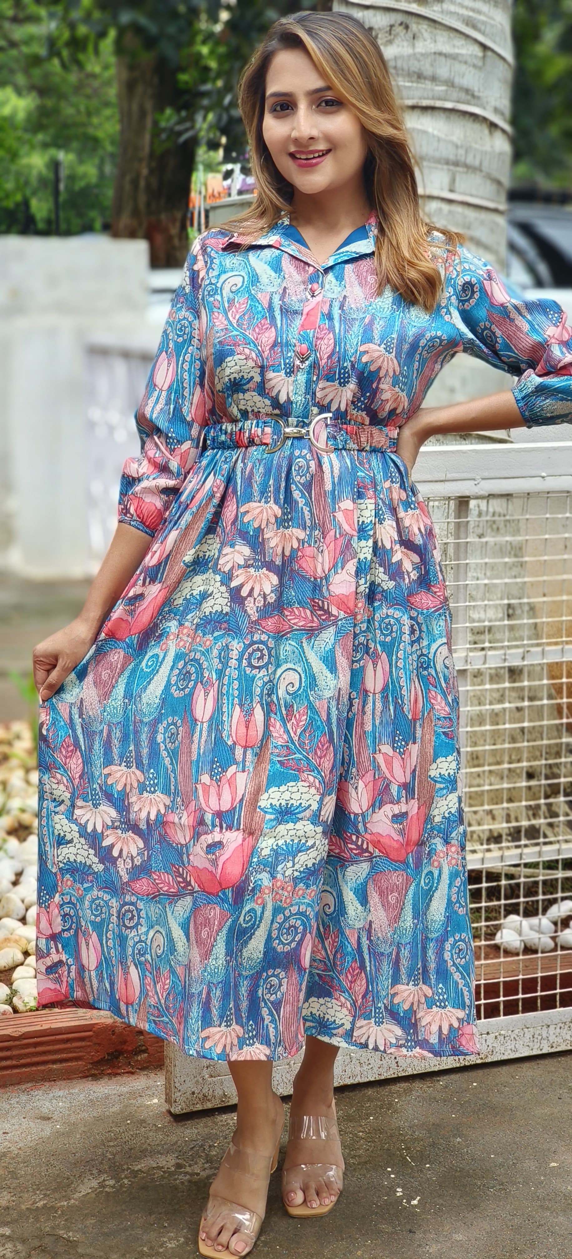 Muslin floral Printed Frock with Belt -05463