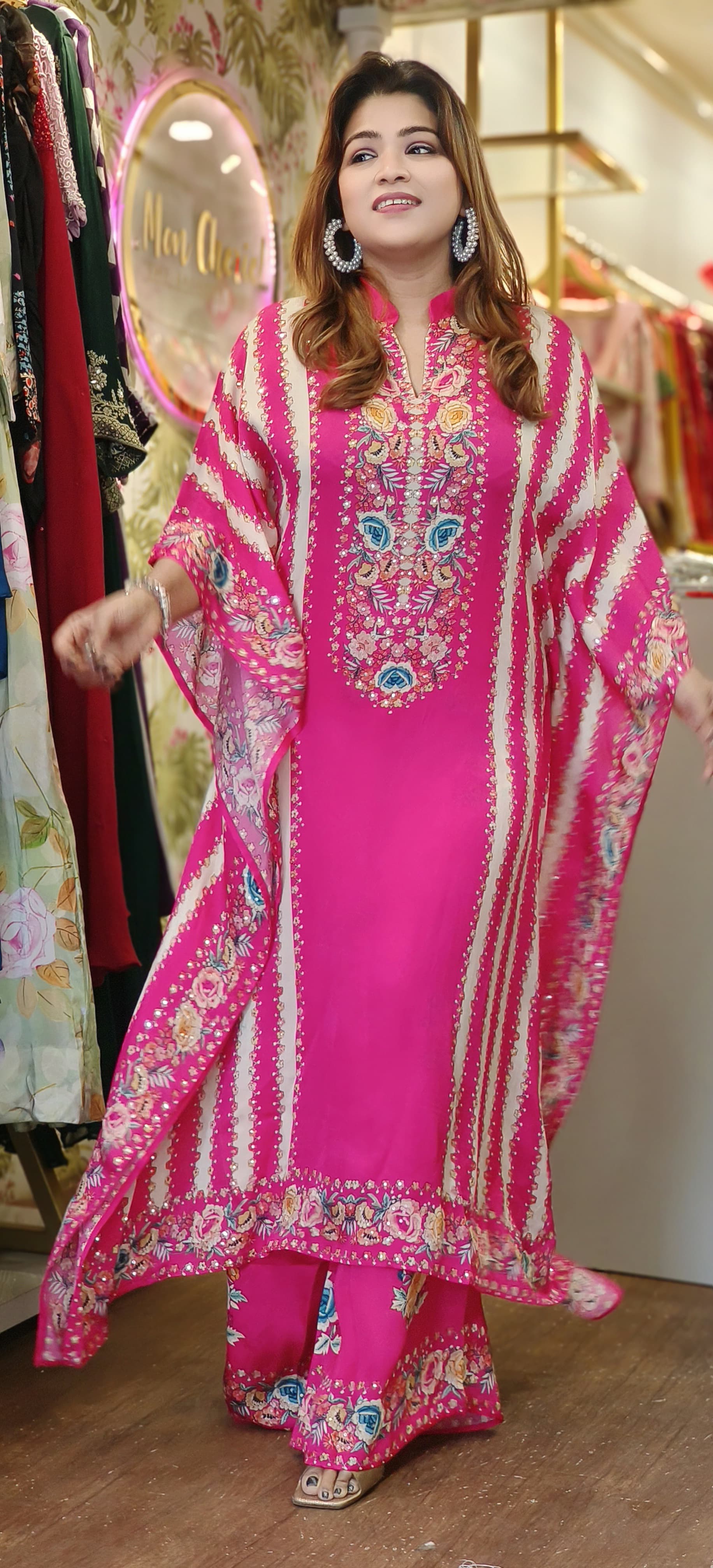 Organza Floral Printed Kaftan With Loose Pant DRY WASH ONLY-05777