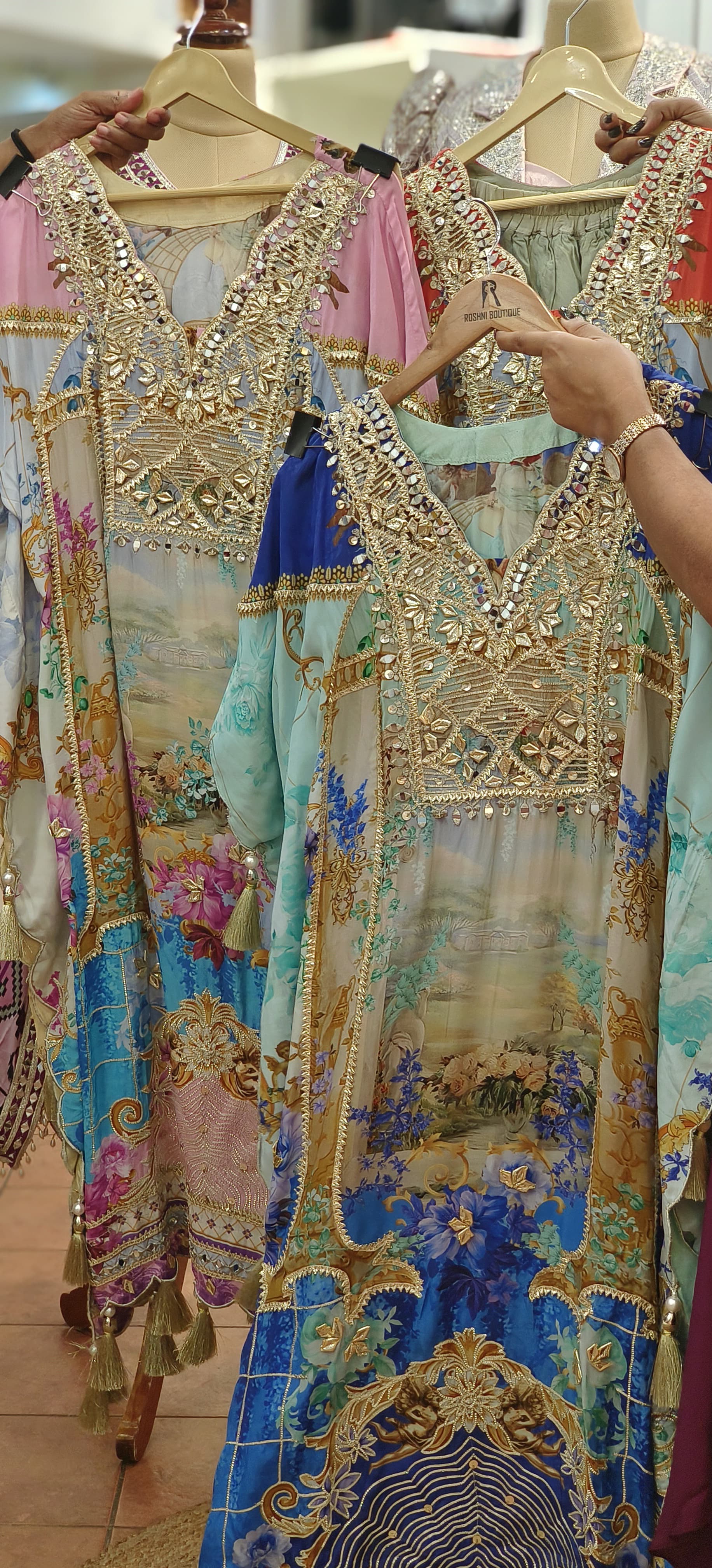 Floral Print Crape Gotta Embroidered Work Party Wear Kaftan Top With Tulip Pants DRY WASH ONLY-06026