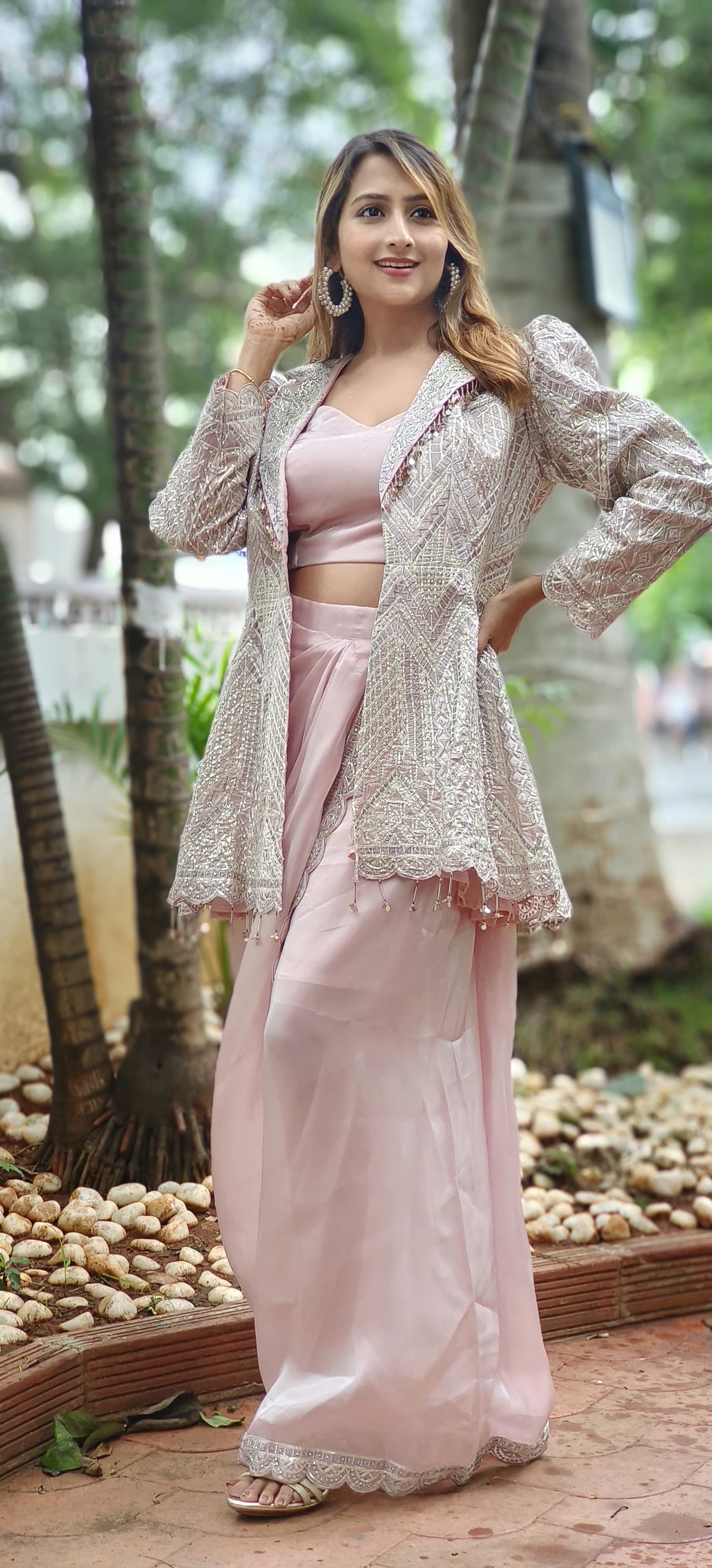 Party Wear Embroidered Jacket Indo-western Outfit With Crop Top And Tissue Dhoti Skirt DRY WASH 06079