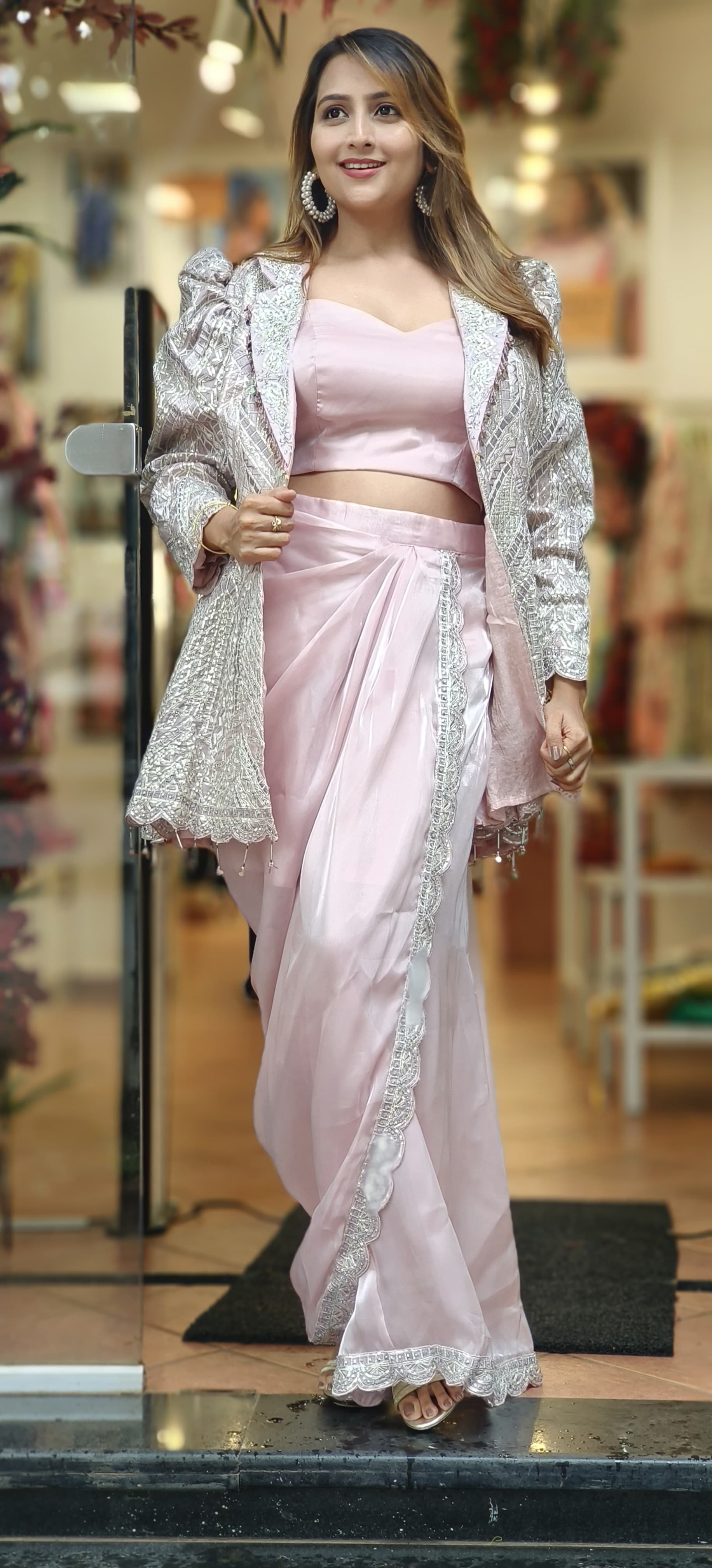 Party Wear Embroidered Jacket Indo-western Outfit With Crop Top And Tissue Dhoti Skirt DRY WASH 06079