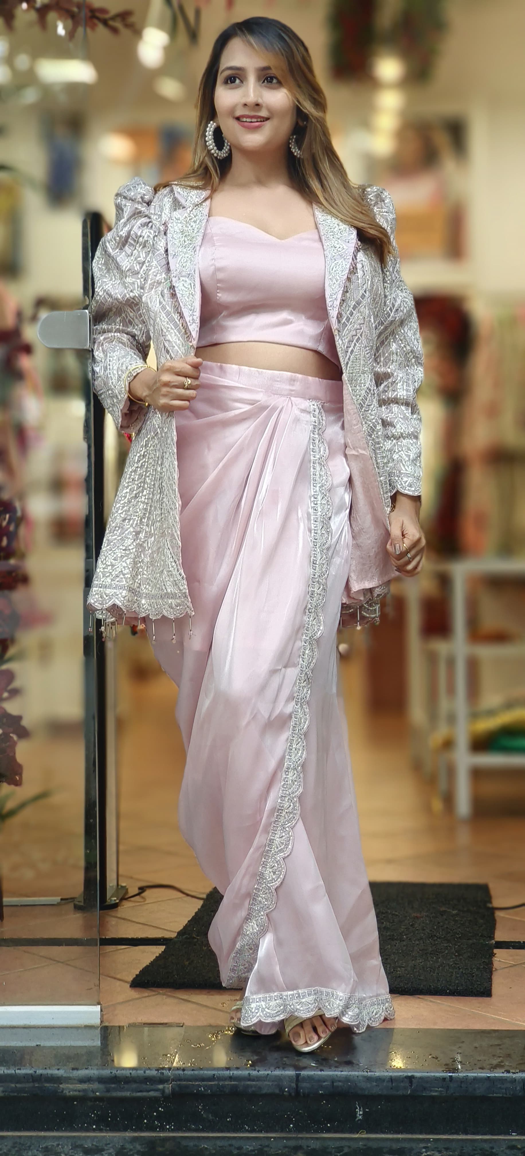 Party Wear Embroidered Jacket Indo-western Outfit With Crop Top And Tissue Dhoti Skirt DRY WASH 06079