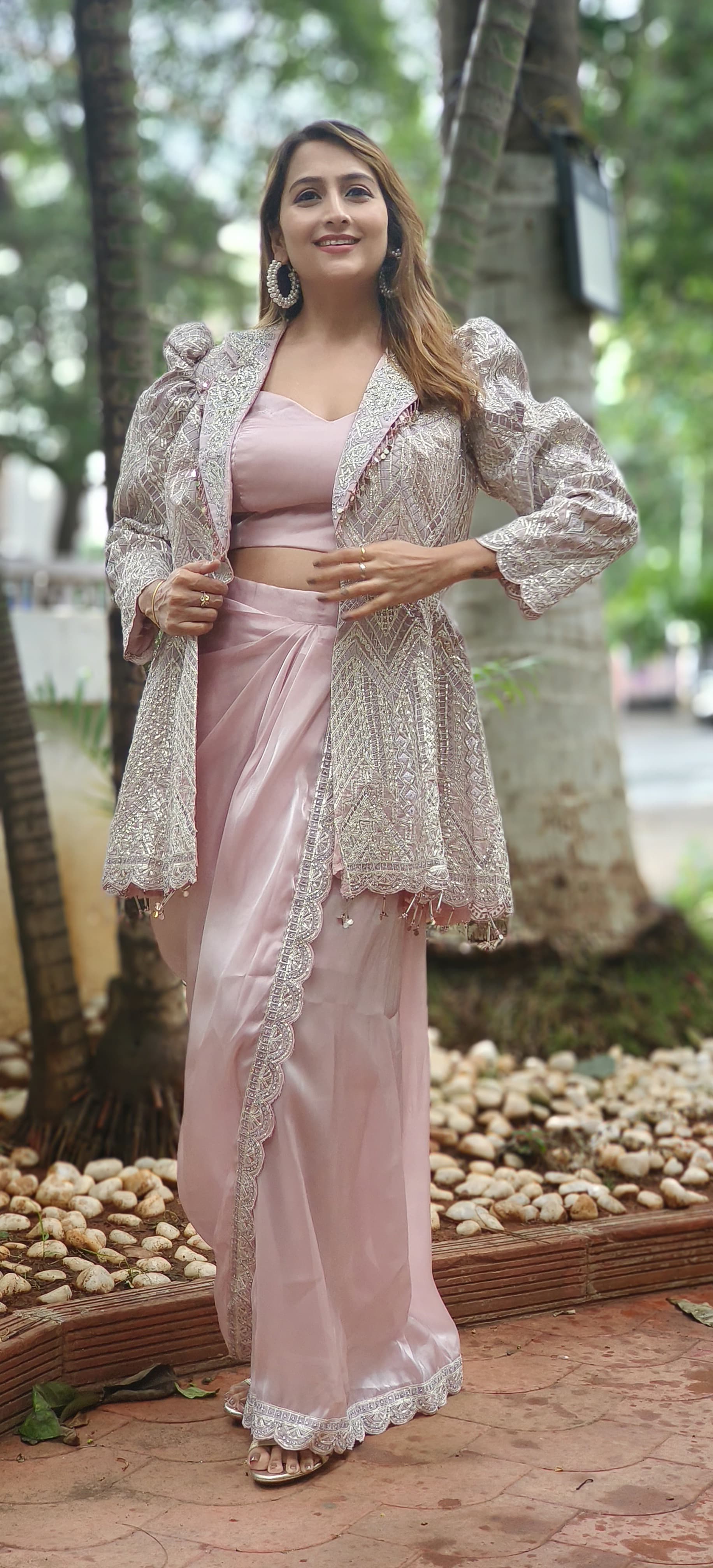 Party Wear Embroidered Jacket Indo-western Outfit With Crop Top And Tissue Dhoti Skirt DRY WASH 06079