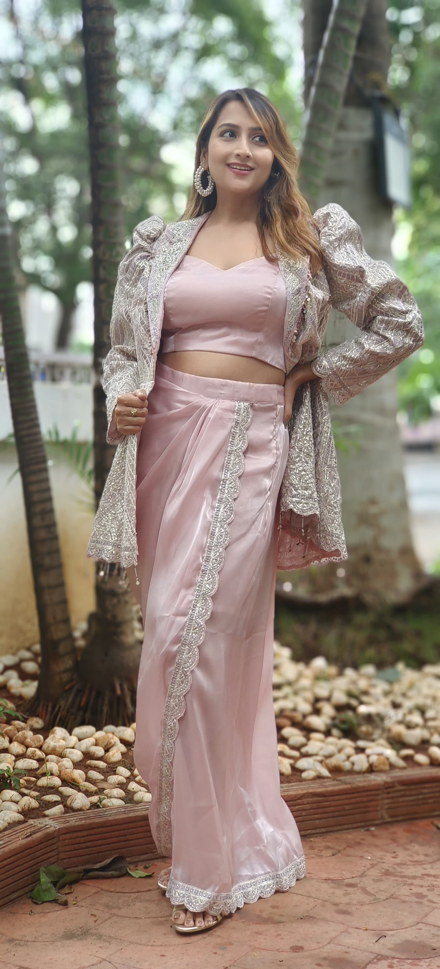 Party Wear Embroidered Jacket Indo-western Outfit With Crop Top And Tissue Dhoti Skirt DRY WASH 06079