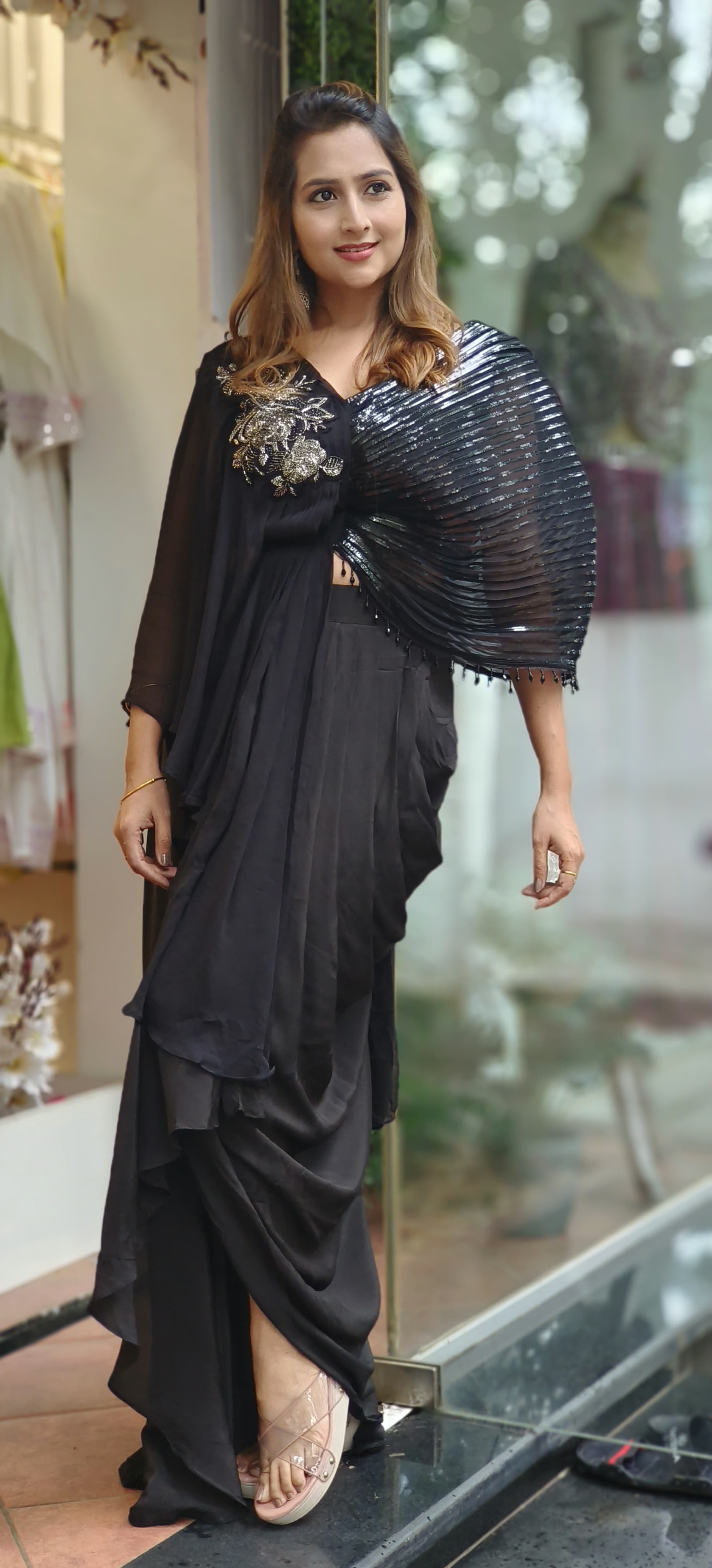 Stylish Evening Wear  Indo-Western with Top and Crape Dhoti Skirt -06052