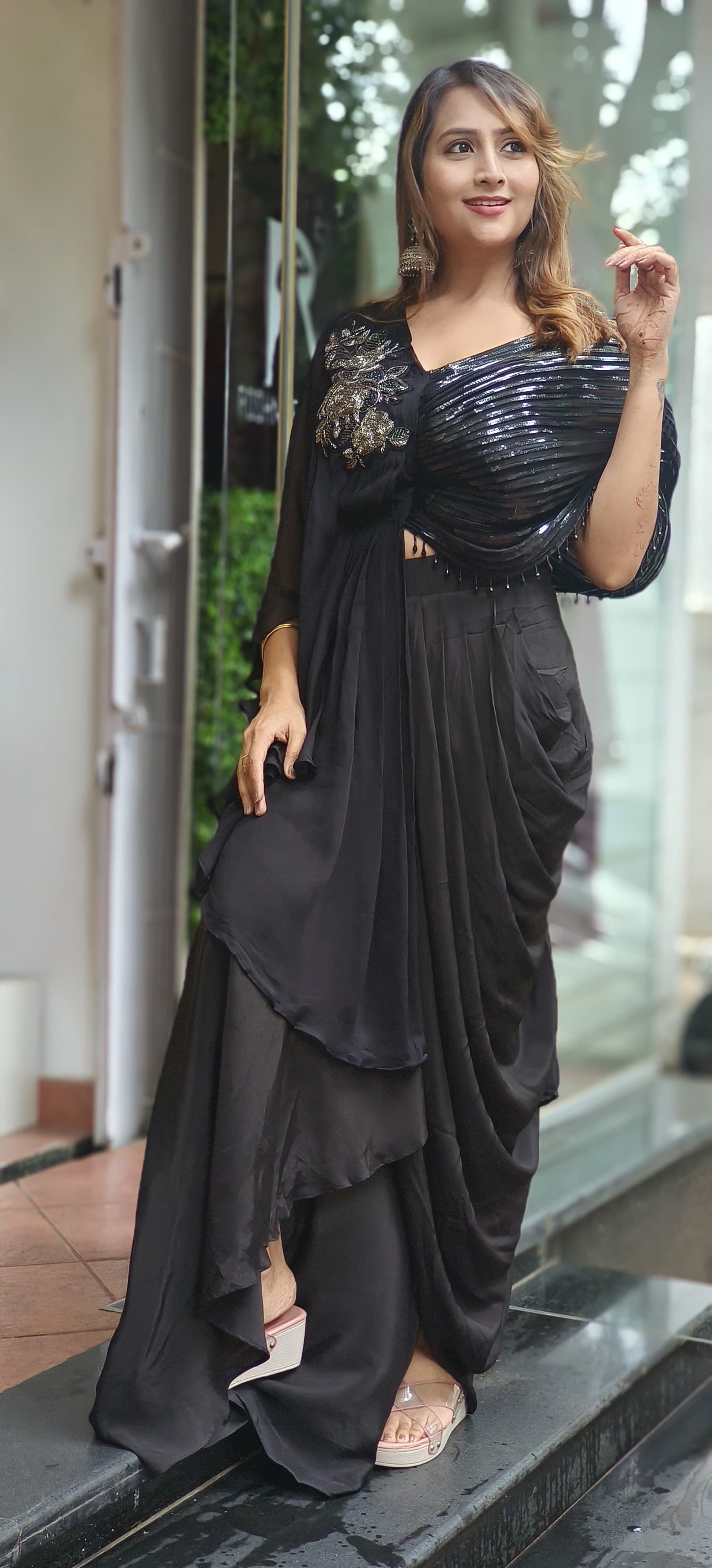 Stylish Evening Wear  Indo-Western with Top and Crape Dhoti Skirt -06052