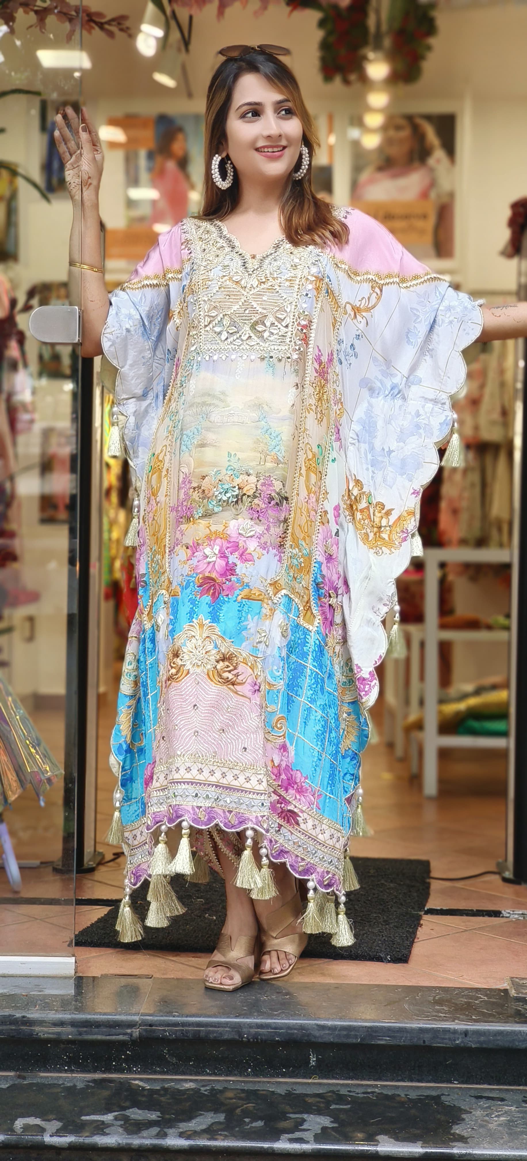 Floral Print Crape Gotta Embroidered Work Party Wear Kaftan Top With Tulip Pants DRY WASH ONLY-06026