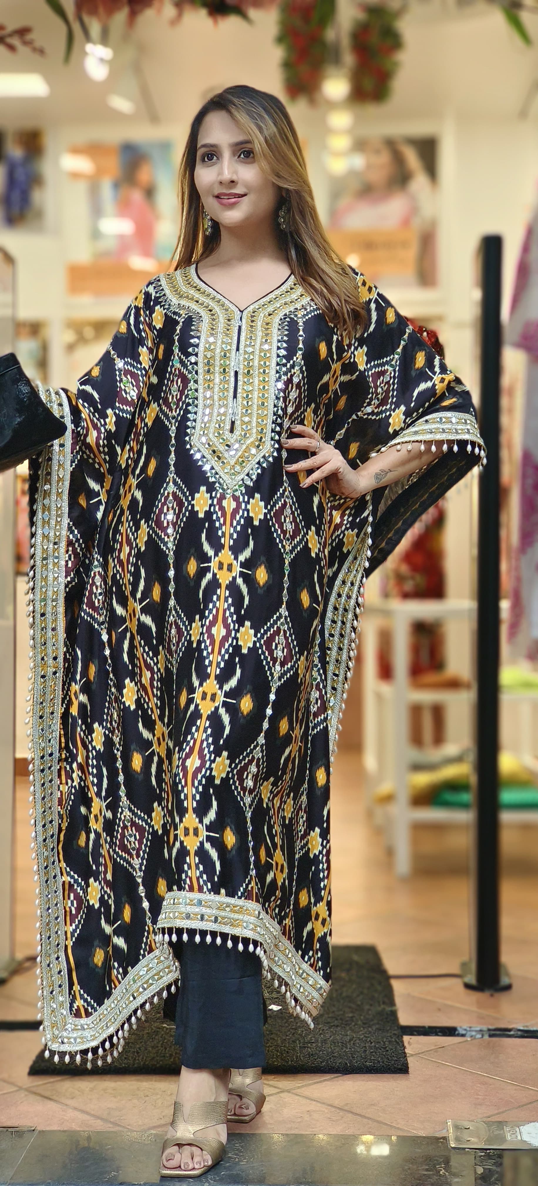 Party Wear Real Mirror Satin Silk Embroidered Ikkat Print Kaftan With Pants DRY WASH ONLY-06069