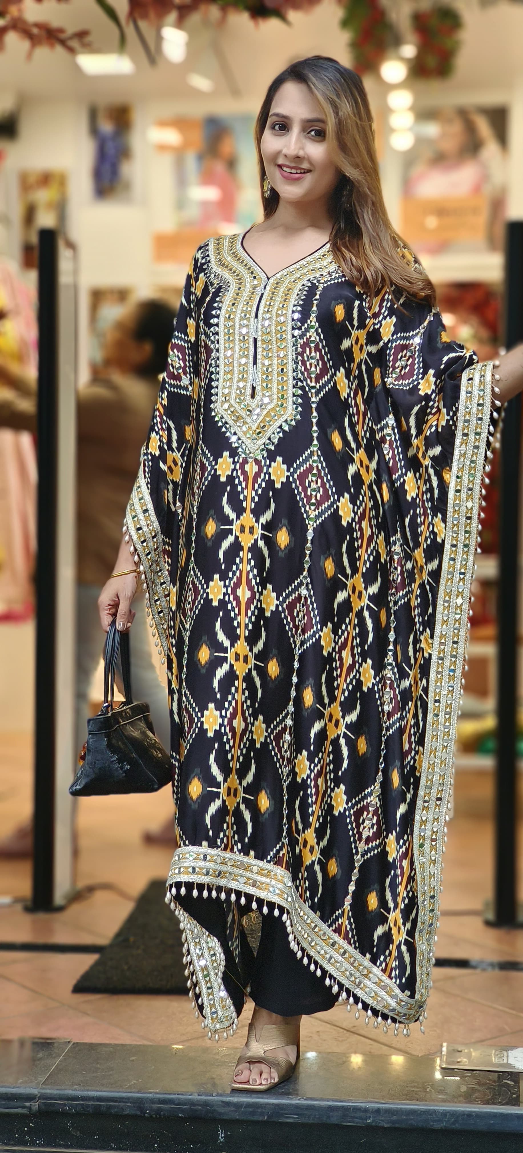 Party Wear Real Mirror Satin Silk Embroidered Ikkat Print Kaftan With Pants DRY WASH ONLY-06069