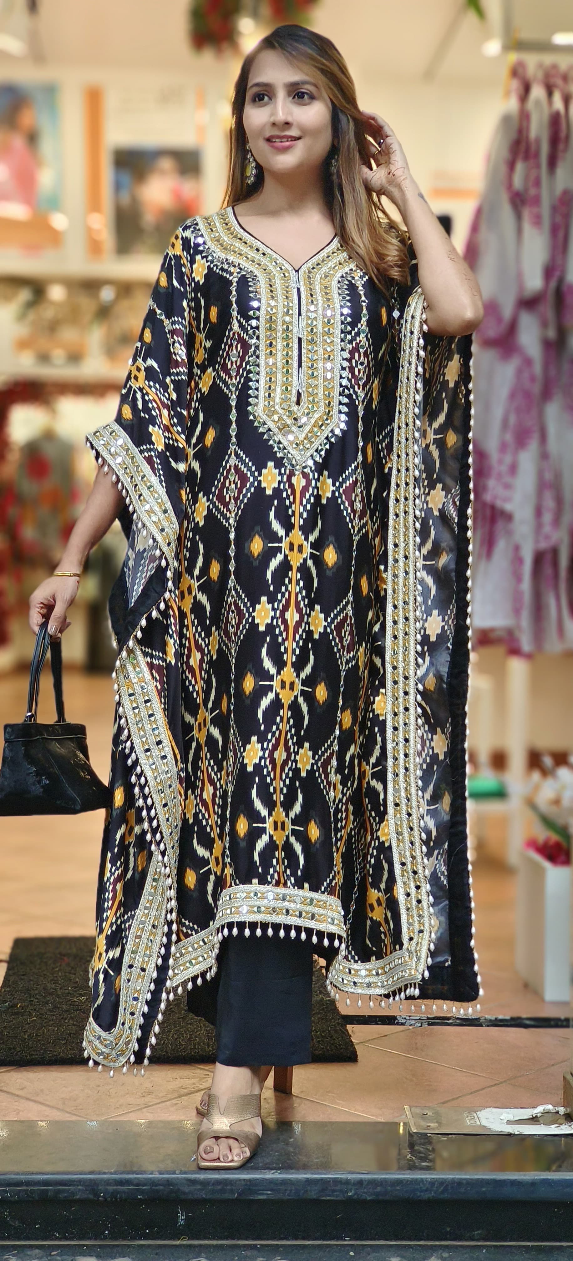 Party Wear Real Mirror Satin Silk Embroidered Ikkat Print Kaftan With Pants DRY WASH ONLY-06069