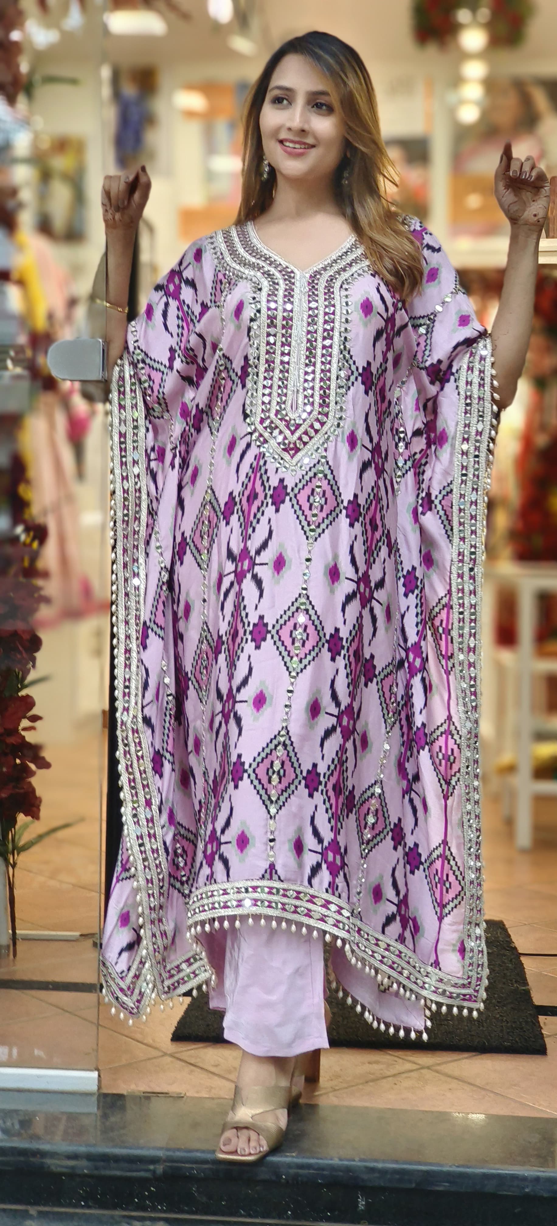 Party Wear Real Mirror Satin Silk Embroidered Ikkat Print Kaftan With Pants DRY WASH ONLY-06069