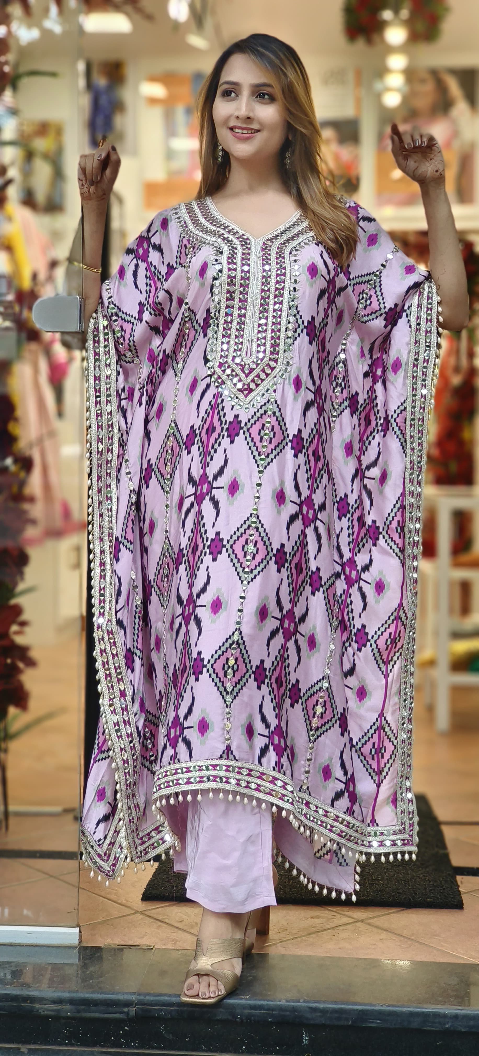 Party Wear Real Mirror Satin Silk Embroidered Ikkat Print Kaftan With Pants DRY WASH ONLY-06069