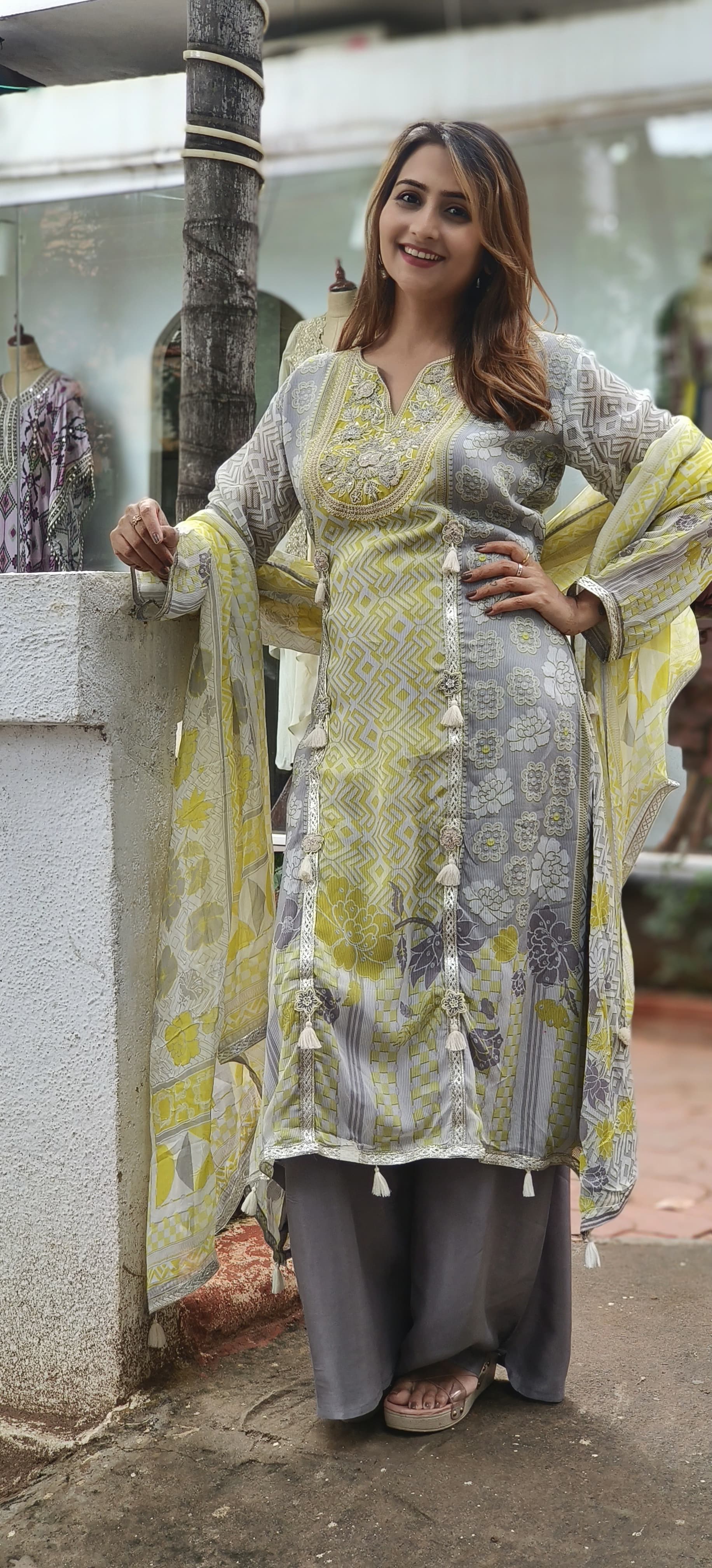 Soft Georgette Embroidered  Party Wear A-Line Top With  Palazzo Pant DRY WASH ONLY-06031-32