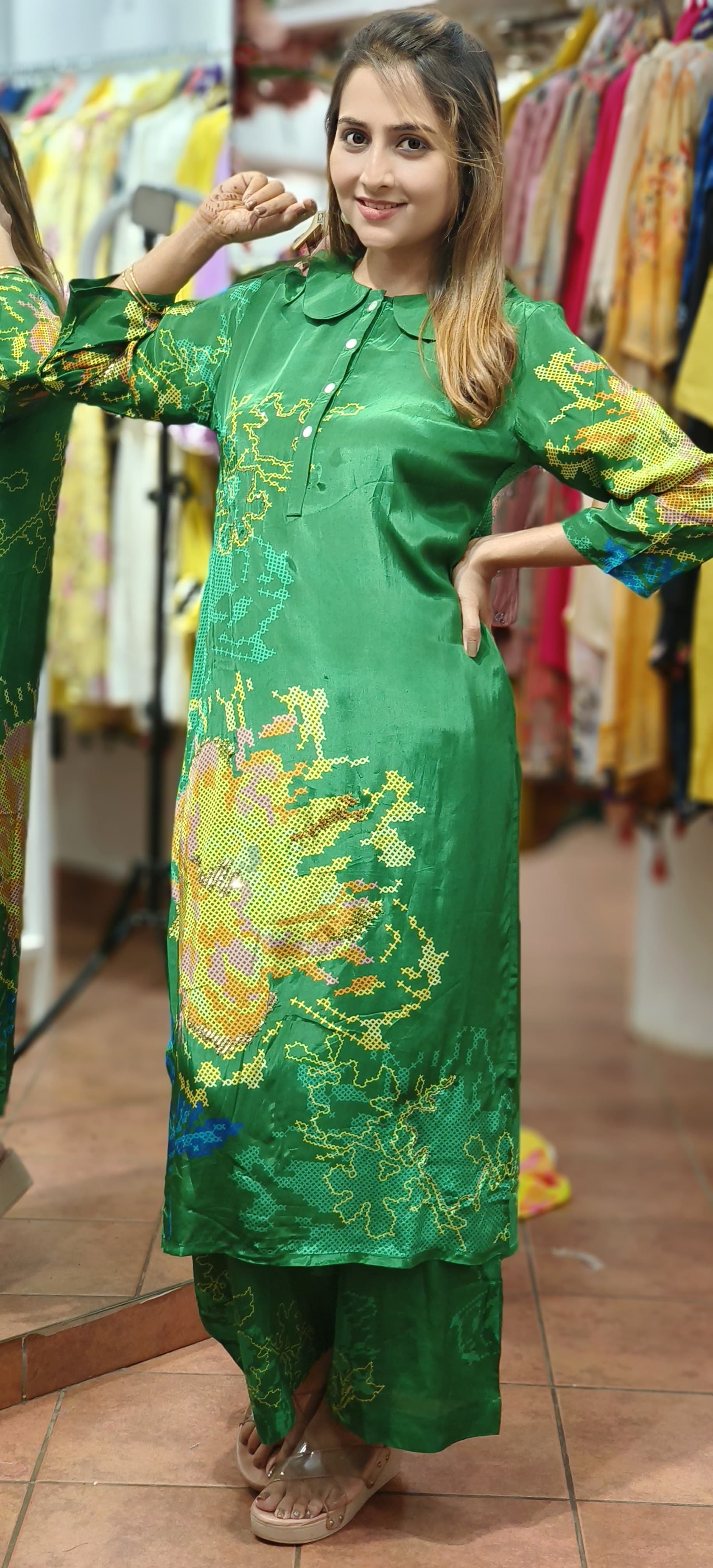 Beautiful floral Digital printed crape collar neck kurta pant - DRY WASH-05984