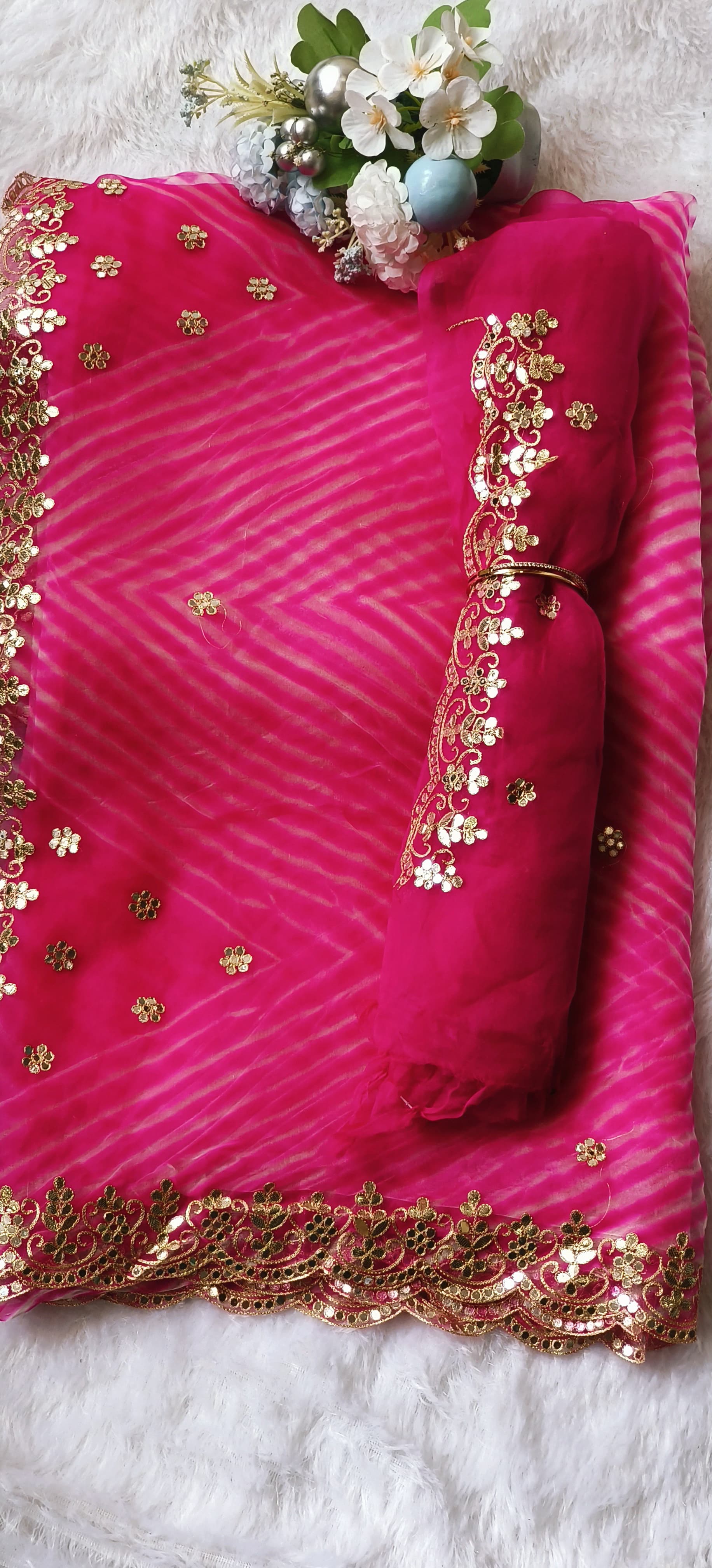 Beautiful Lehriya Soft Organza Gotta Work Saree with Unstitched Embroidered  blouse DRYWASH