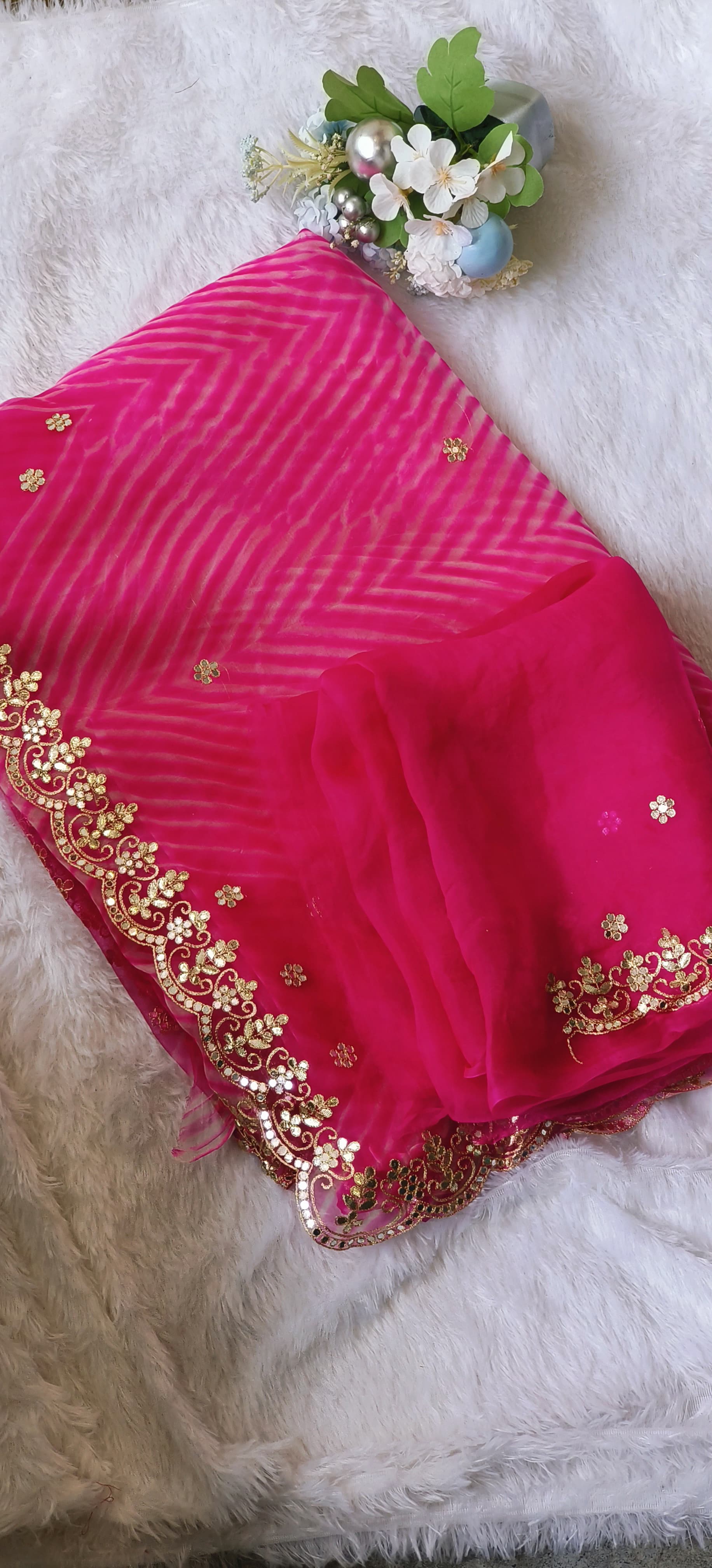 Beautiful Lehriya Soft Organza Gotta Work Saree with Unstitched Embroidered  blouse DRYWASH