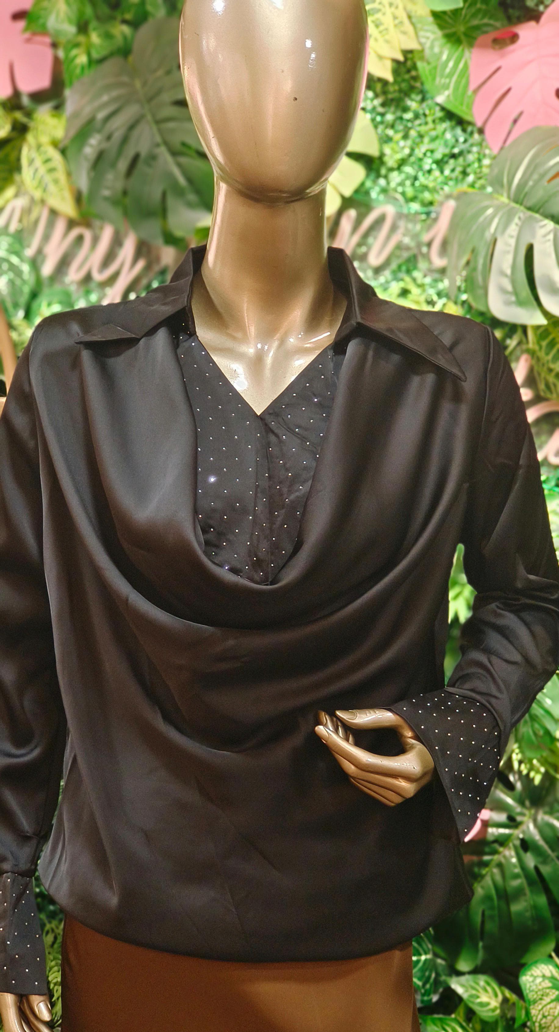 Satin Cowl Neck Swarovski  Embroidered Top