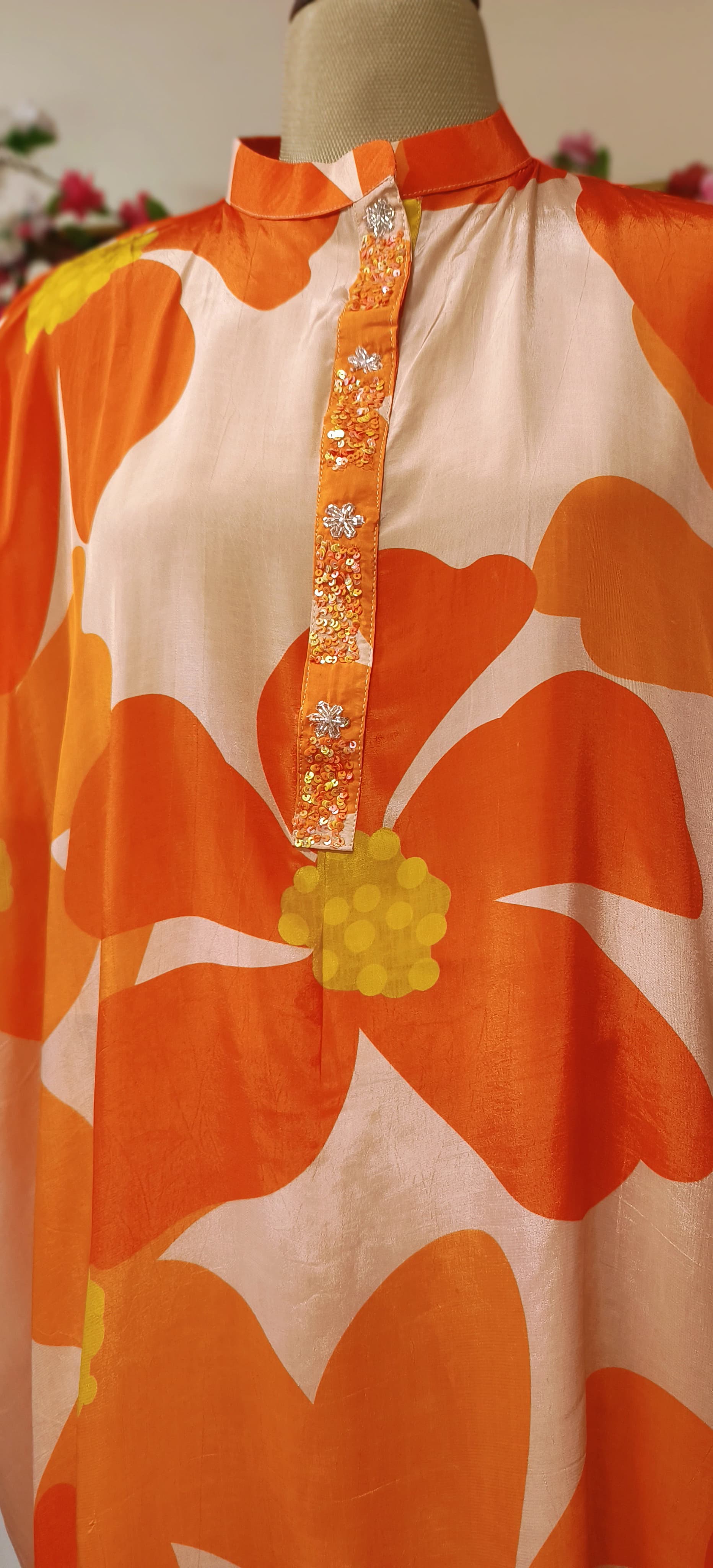 Beautiful Orange Pure Crape Printed kaftan with loose pant (set of 2) 06089