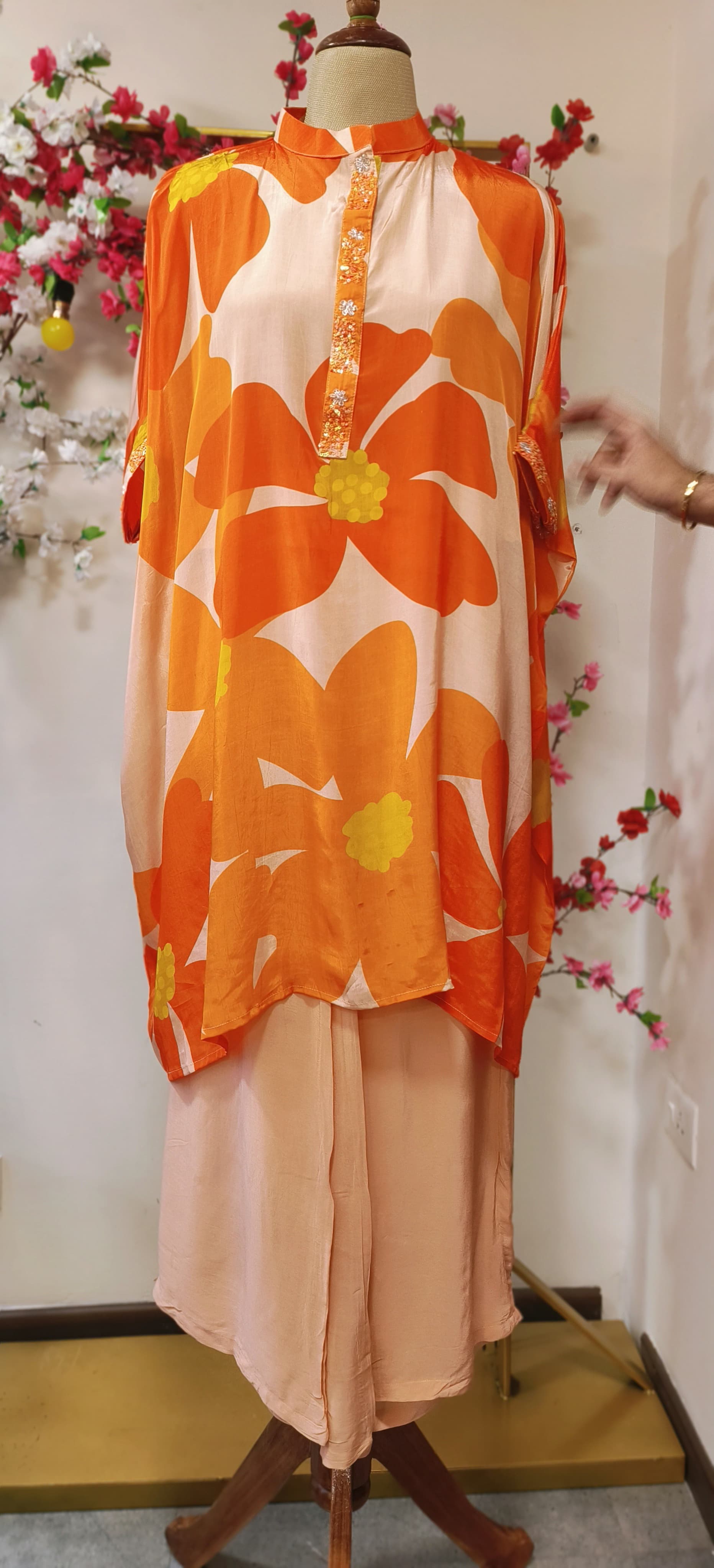 Beautiful Orange Pure Crape Printed kaftan with loose pant (set of 2) 06089