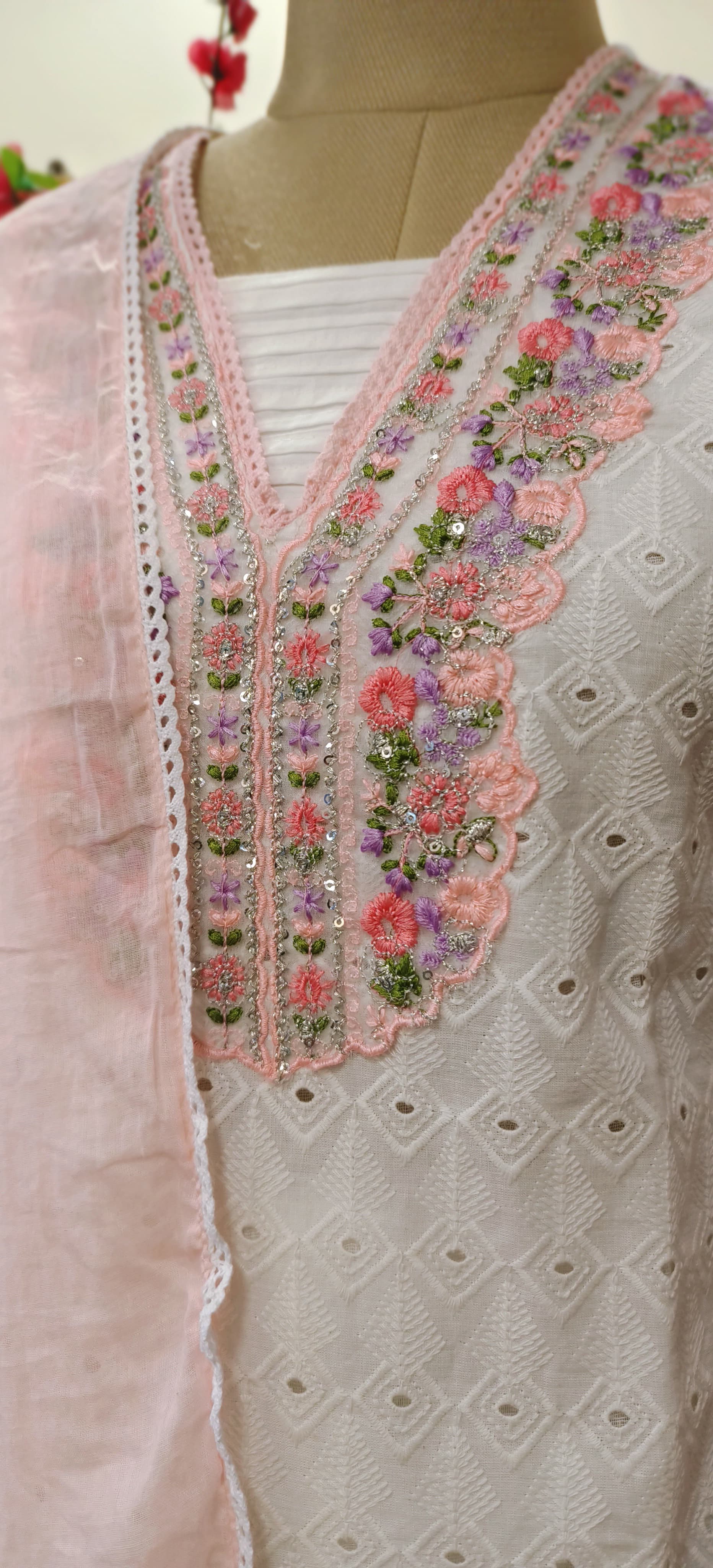 Chikankari Cotton Embroidered Full suit Set with Cotton Dupatta-06085