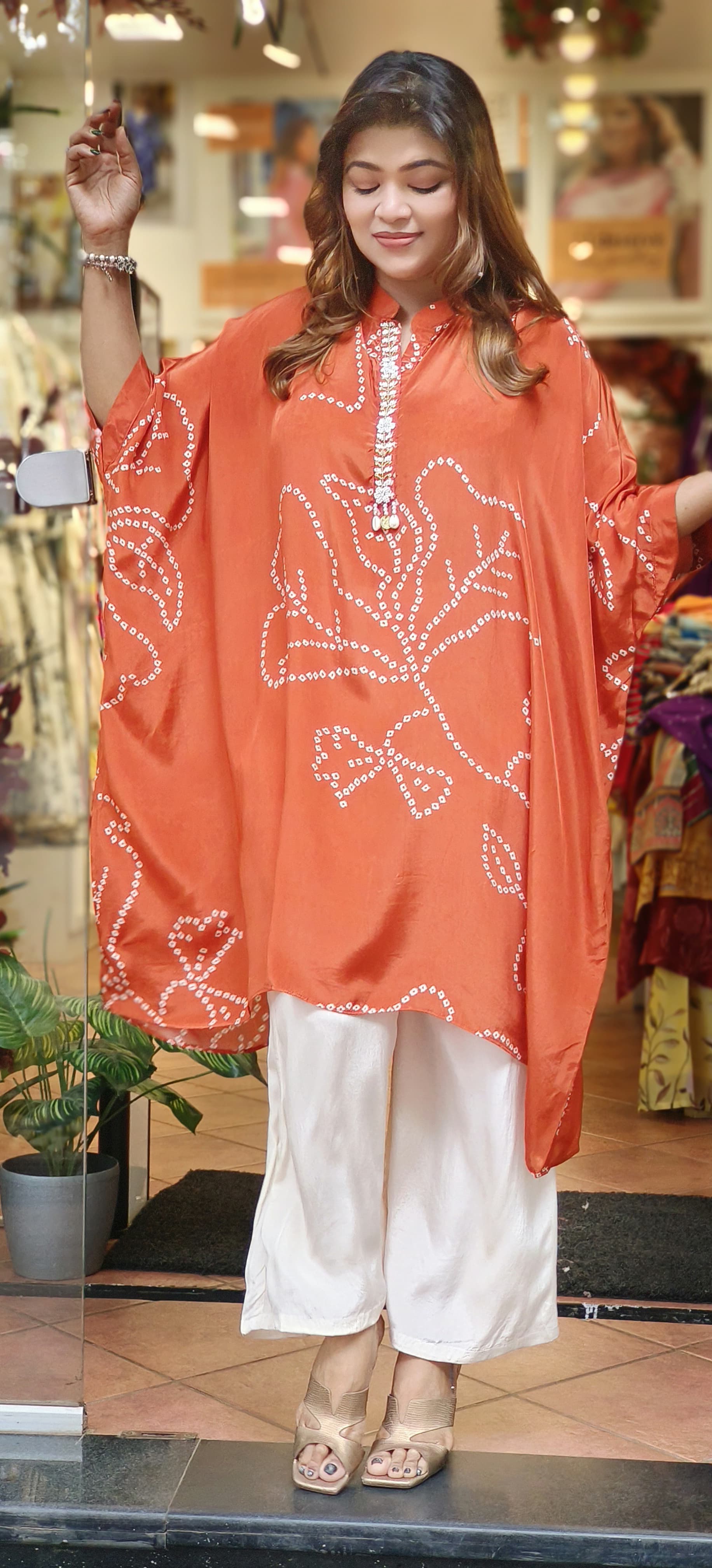 Pure Crape bandhani print kaftan with loose pant-06097-98