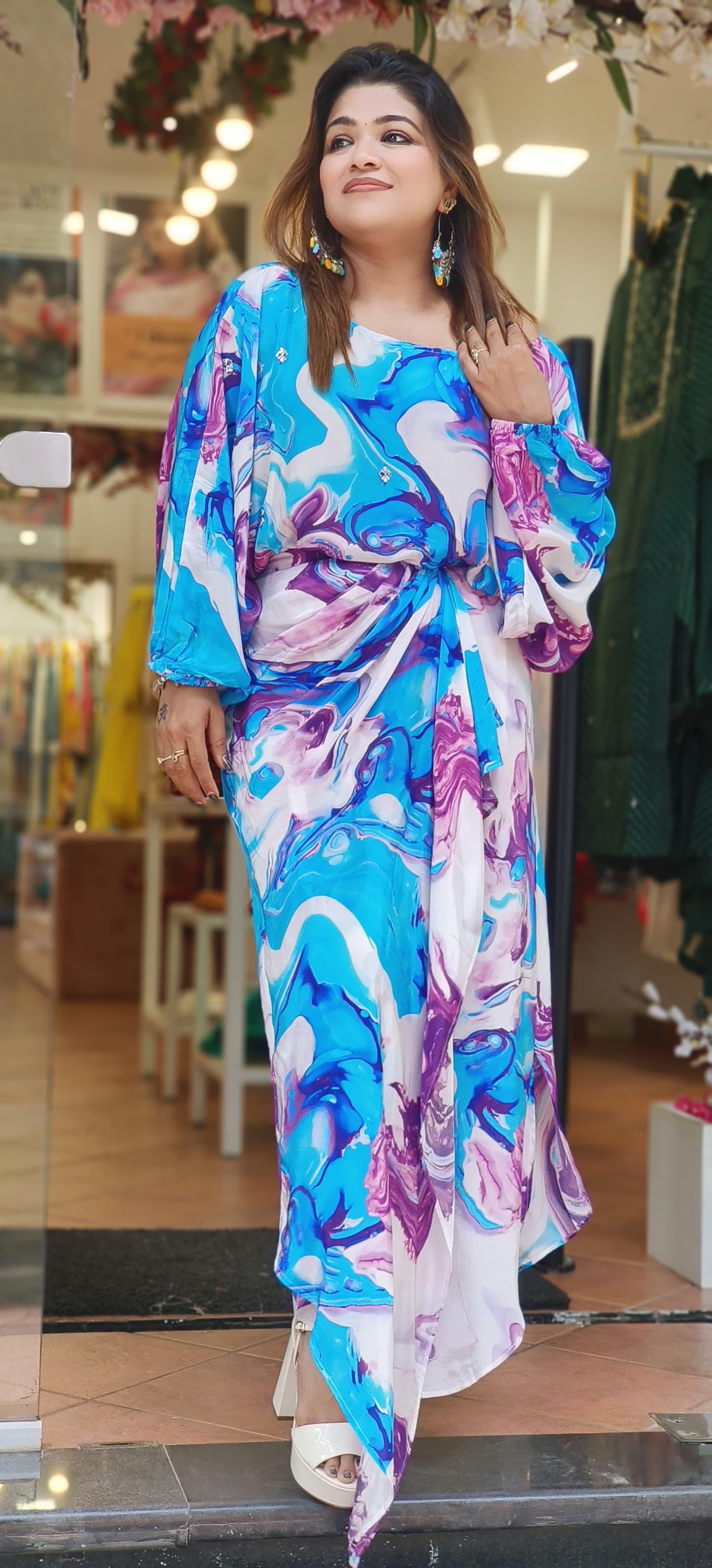 Pure Crape printed Kaftan Ballon indo-western crop top and skirt DRY WASH-06114