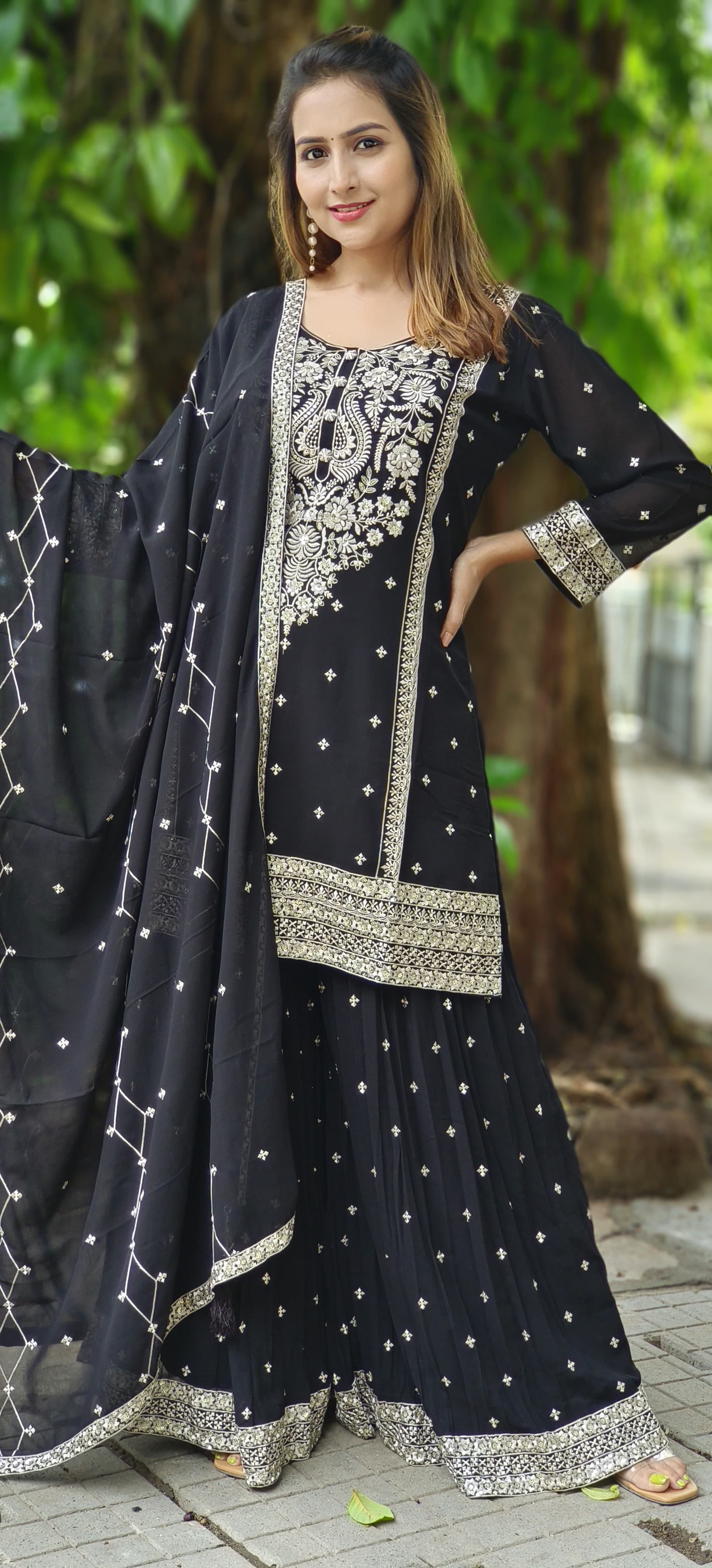 Semi Georgette Thread Embroidery Kurta With Gharara Embroidery Palazzo And Chiffon Dupatta-06211