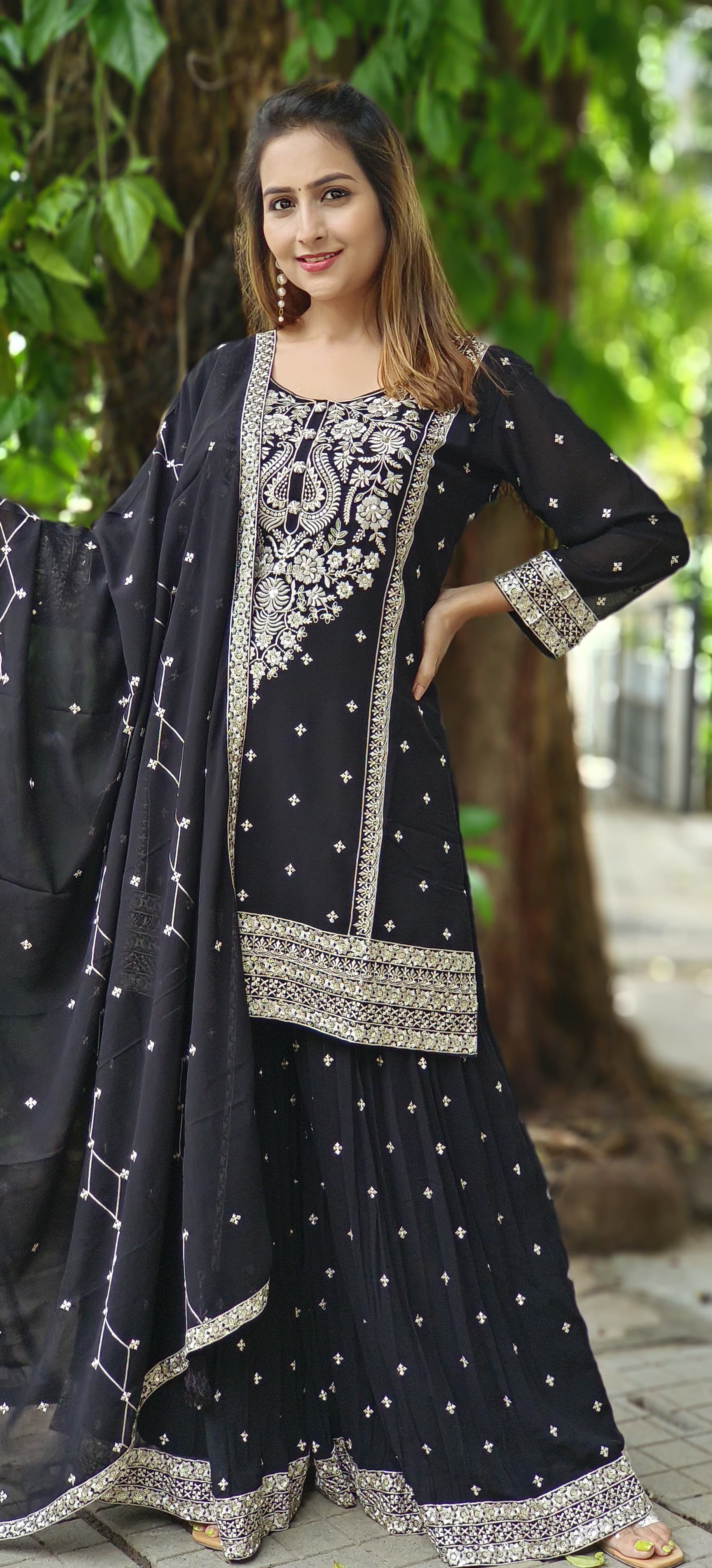 Semi Georgette Thread Embroidery Kurta With Gharara Embroidery Palazzo And Chiffon Dupatta-06211