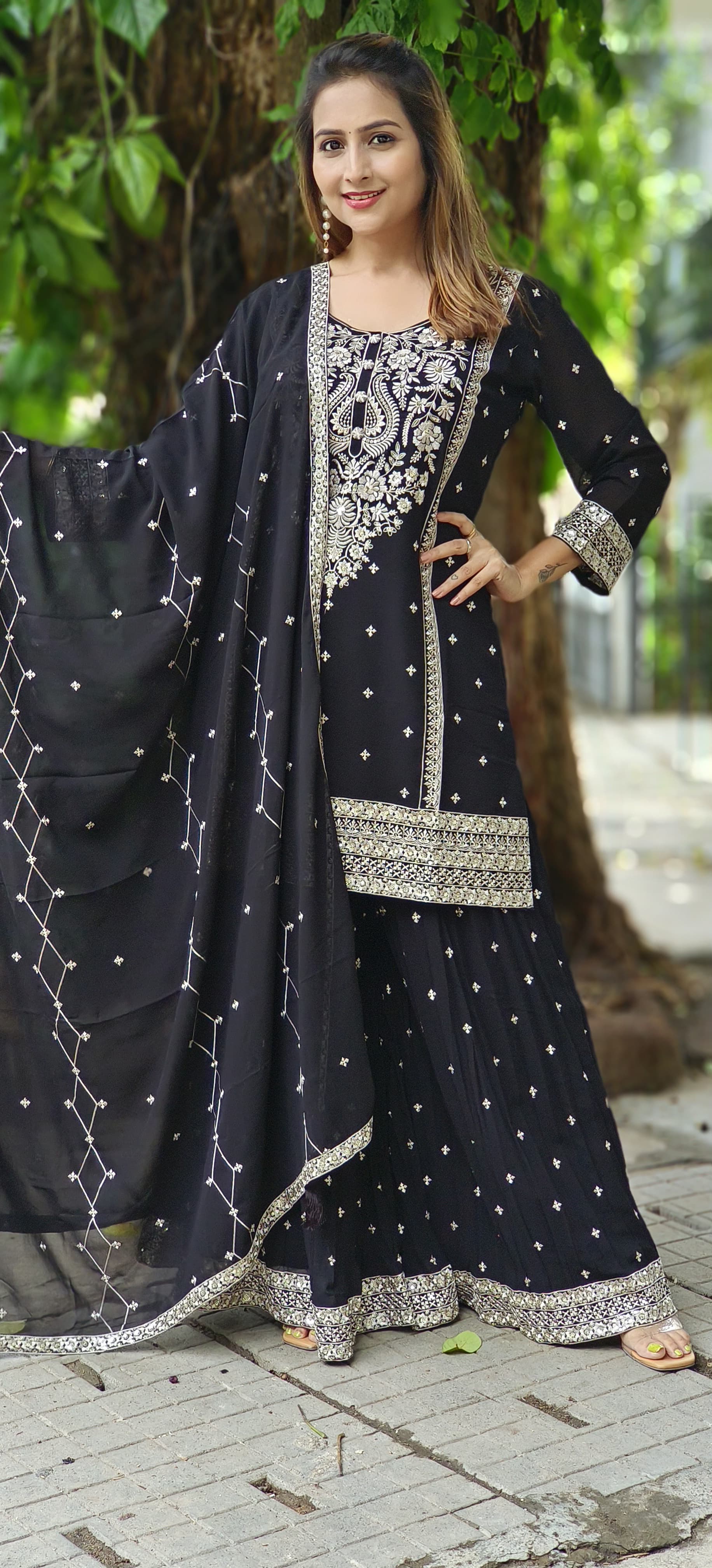 Semi Georgette Thread Embroidery Kurta With Gharara Embroidery Palazzo And Chiffon Dupatta-06211