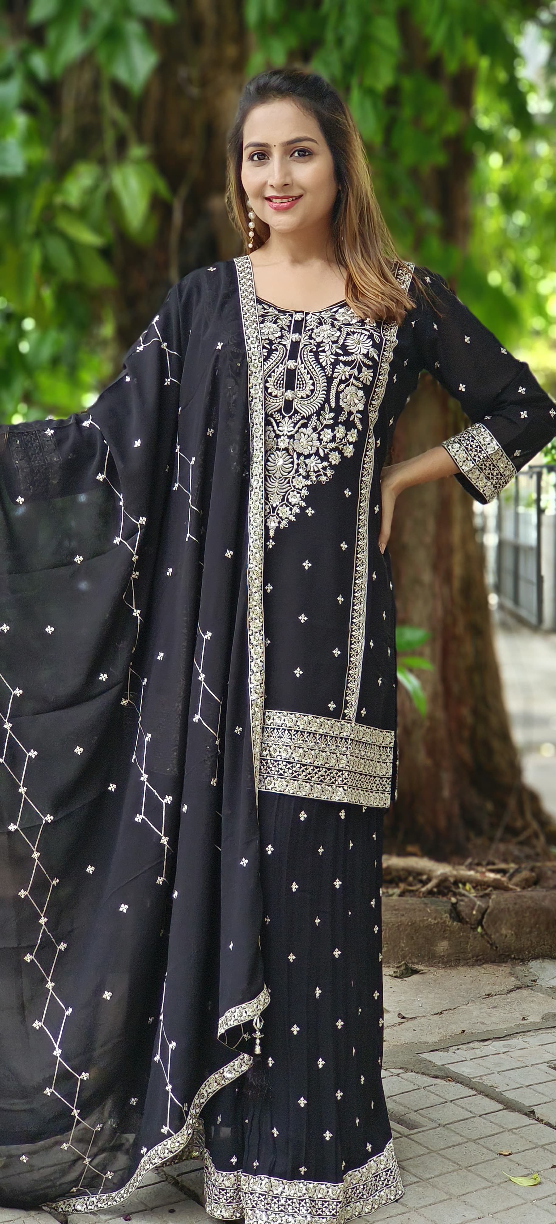 Semi Georgette Thread Embroidery Kurta With Gharara Embroidery Palazzo And Chiffon Dupatta-06211