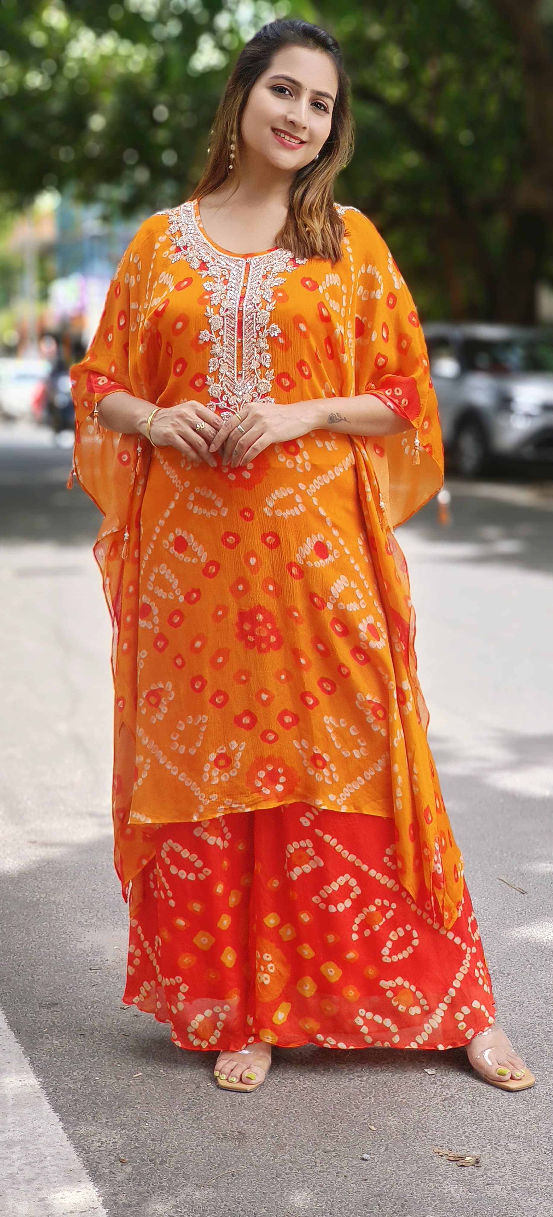 Beautiful pure Chinon Bandhani Print Pearl Cut dana Work Kaftan Kurta With palazzo-06150