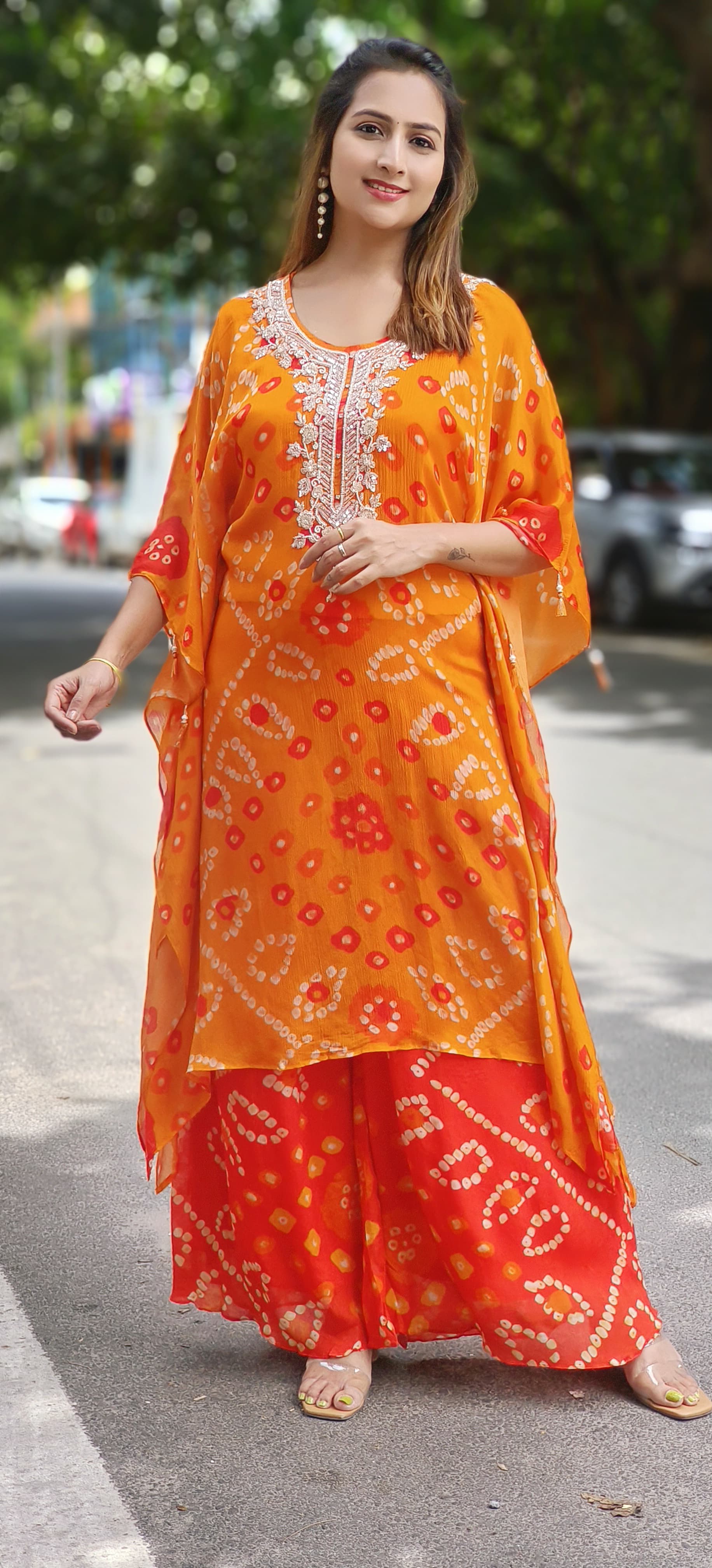 Beautiful pure Chinon Bandhani Print Pearl Cut dana Work Kaftan Kurta With palazzo-06150