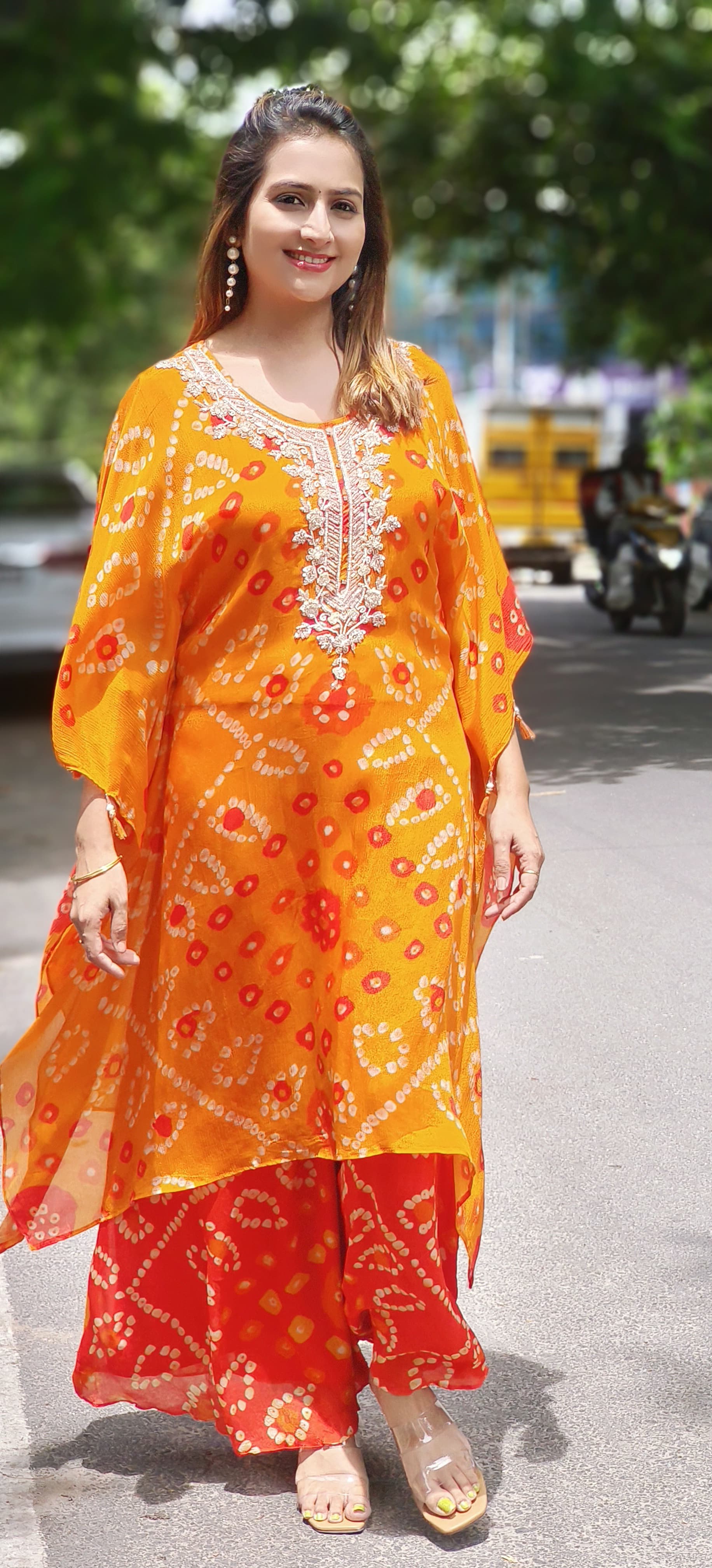 Beautiful pure Chinon Bandhani Print Pearl Cut dana Work Kaftan Kurta With palazzo-06150