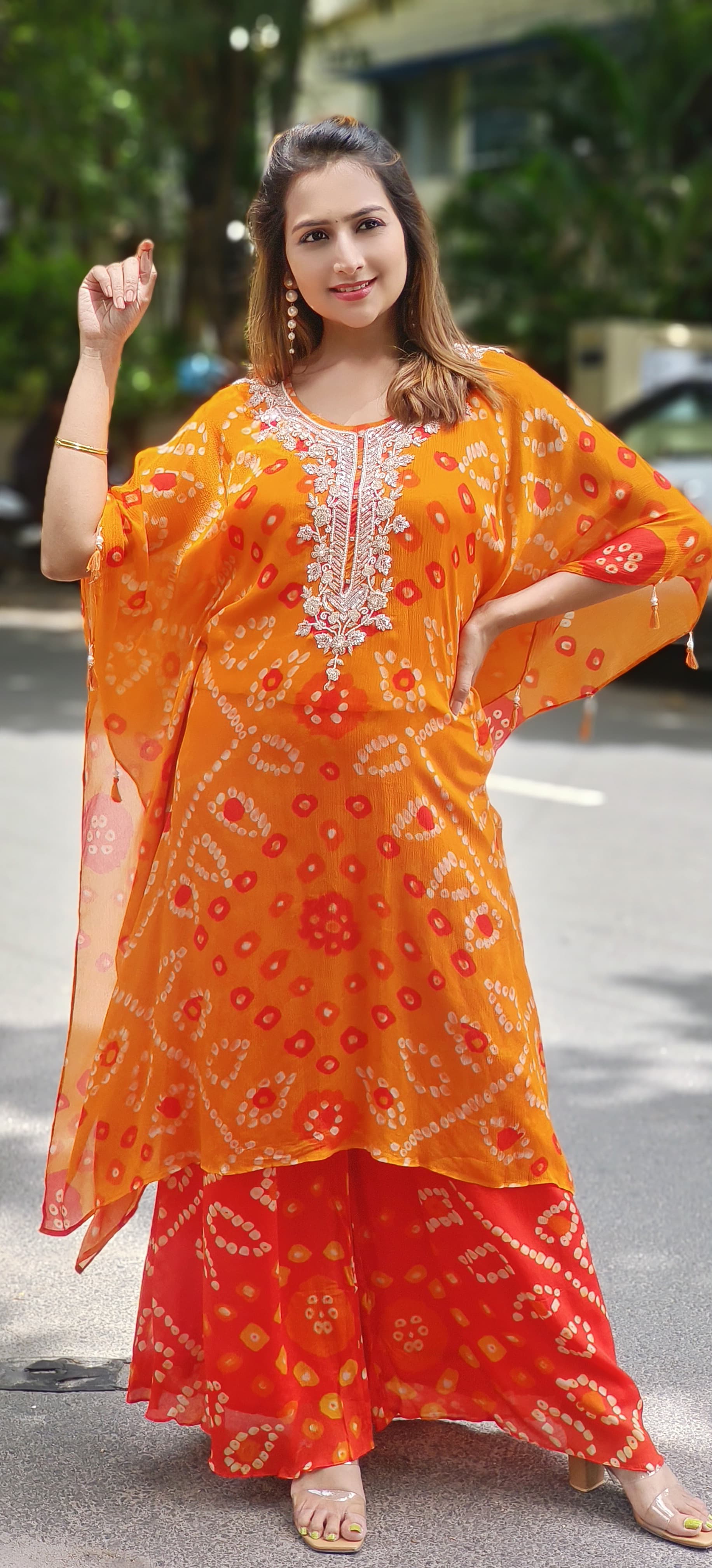 Beautiful pure Chinon Bandhani Print Pearl Cut dana Work Kaftan Kurta With palazzo-06150