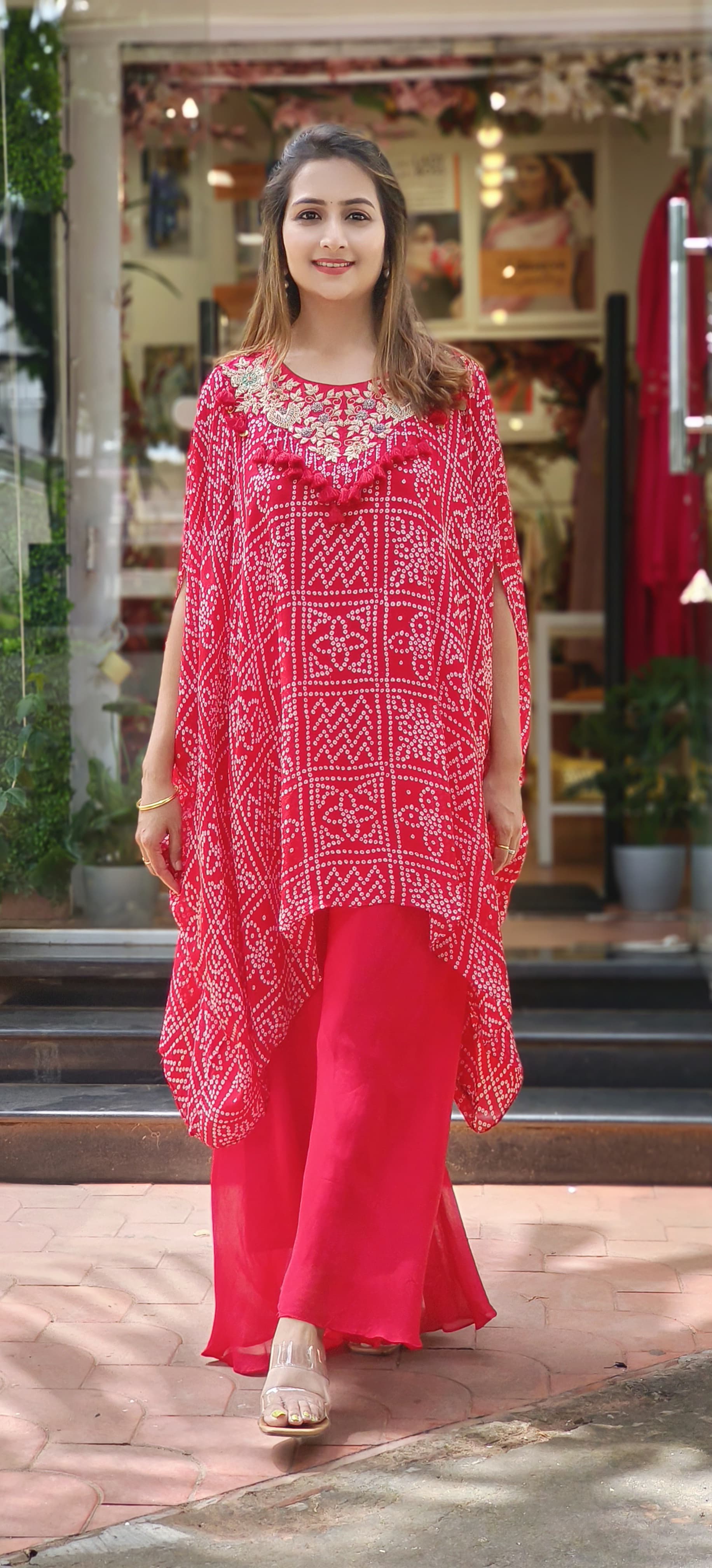 Beautiful Bandhani Print Zardosi With Sequence Work Short Kaftan And Palazzo -06154-55-56