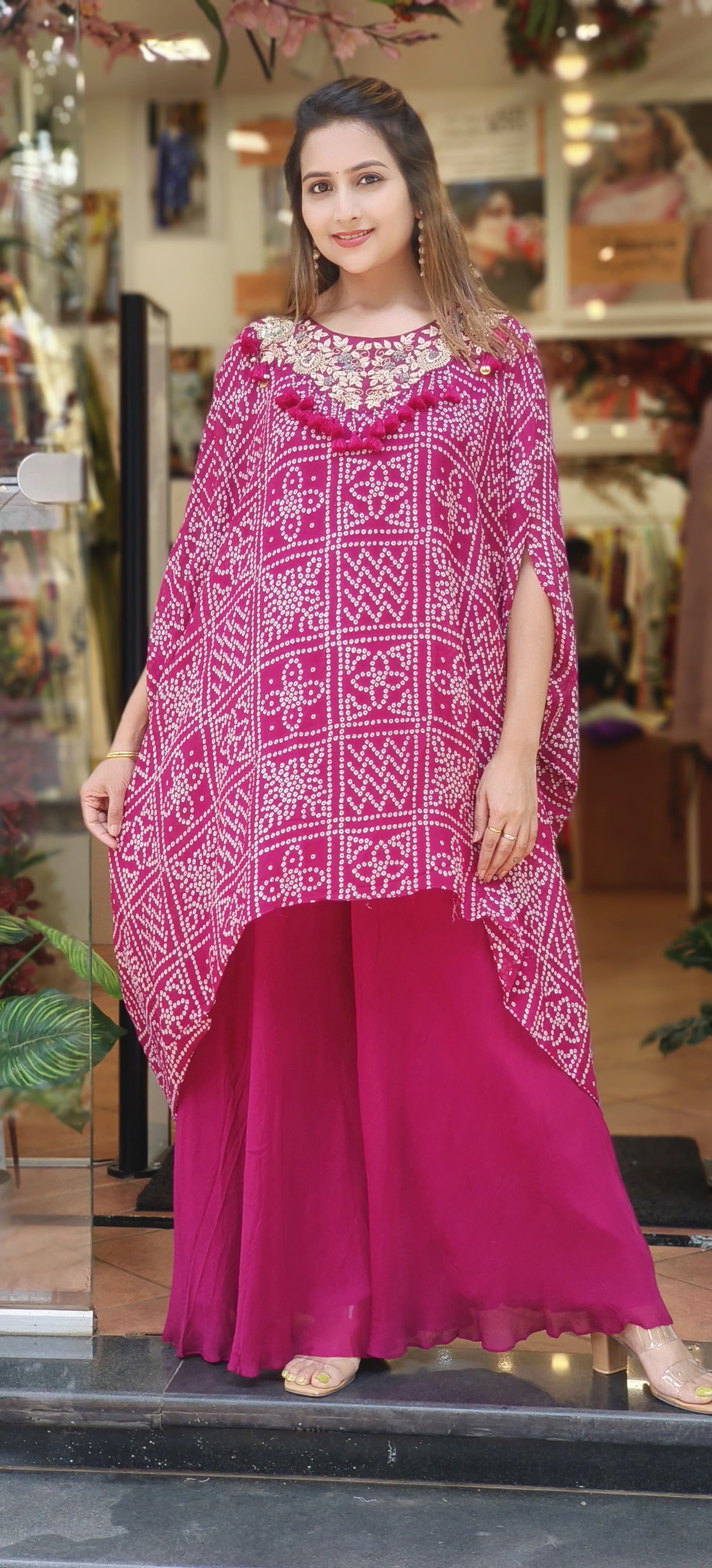 Beautiful Bandhani Print Zardosi With Sequence Work Short Kaftan And Palazzo -06154-55-56