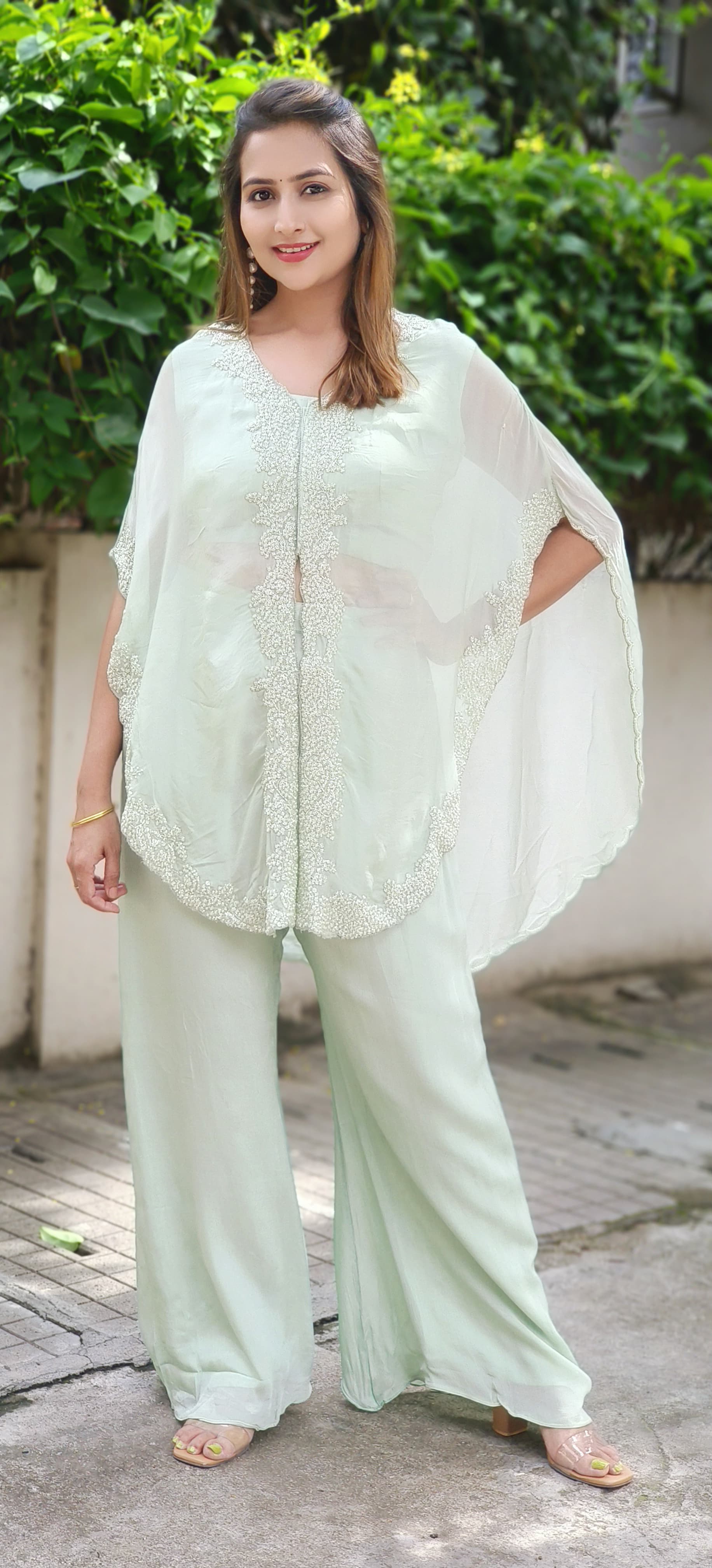 Pure Chinon Pearl And Cut Dana Embroidery Jacket With Palazzo Pant -06205