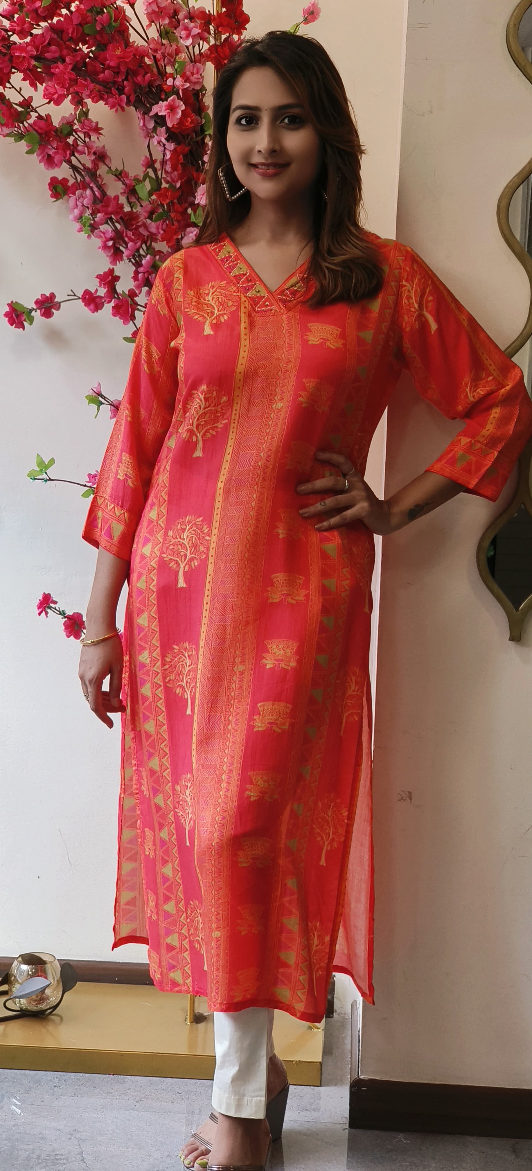 Printed muslin  V neck only kurti-05980-79