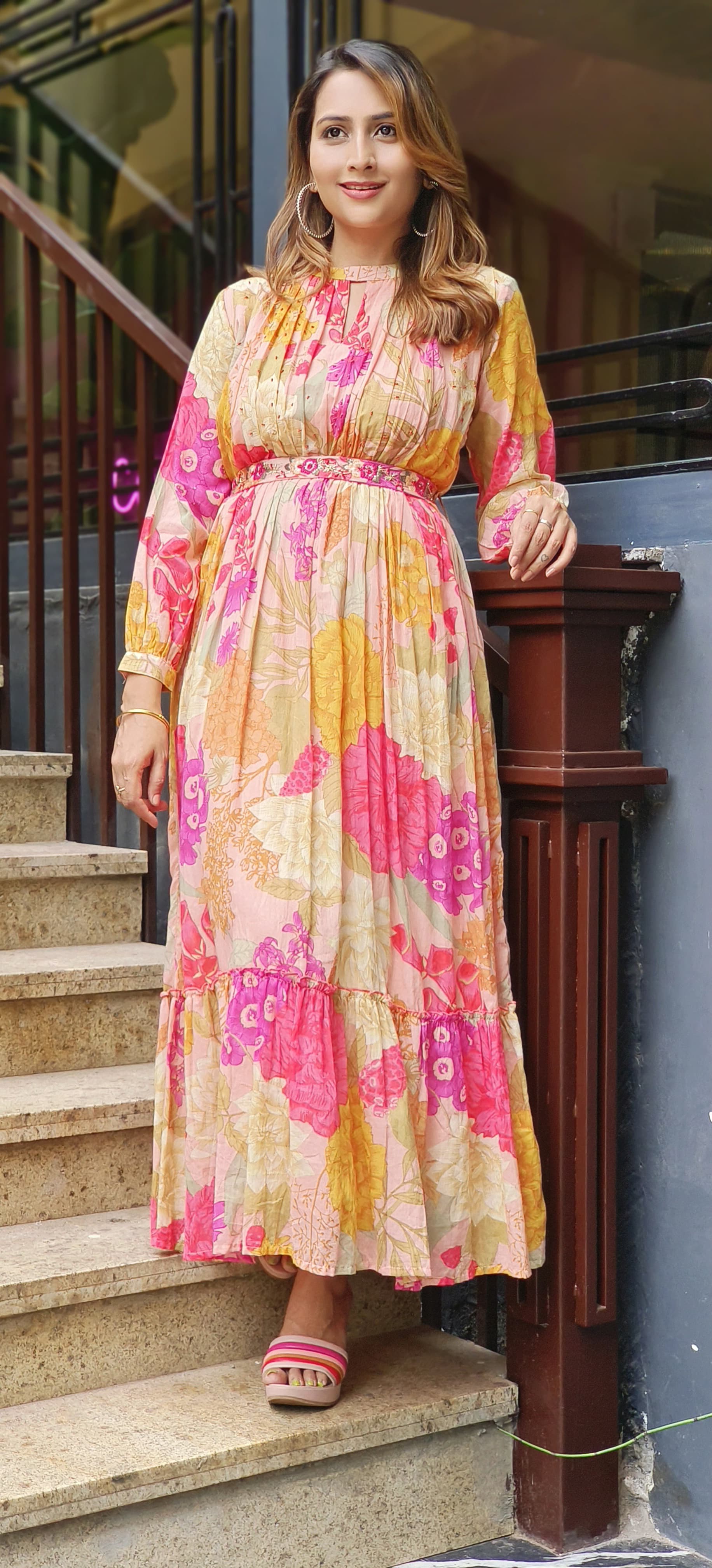 MallCotton printed embroidery long Frock with embroidery  belt-05603