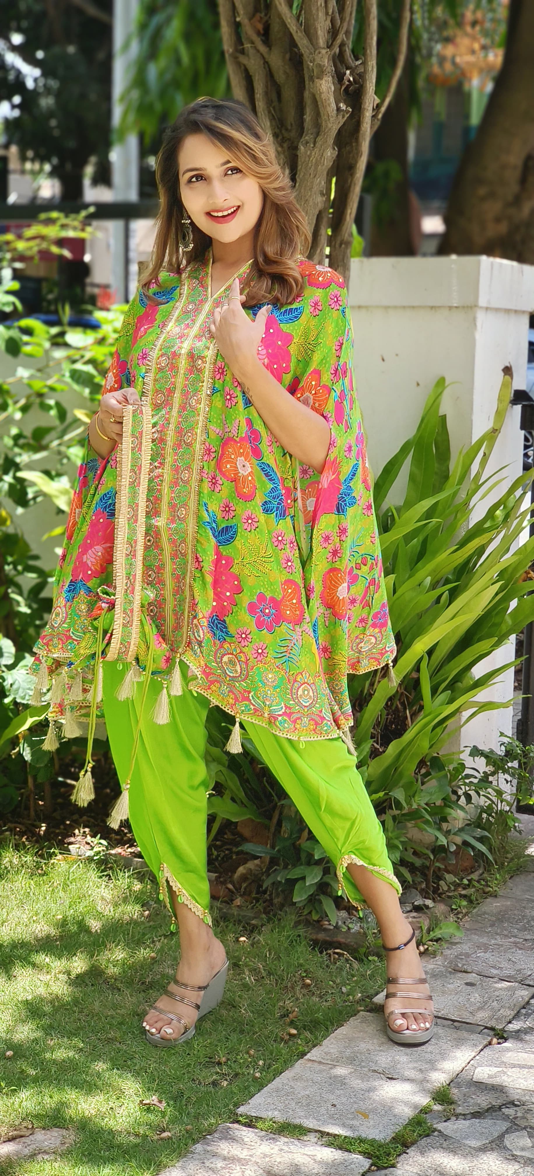 Printed V-neck Satin Silk Kaftan With Tulip Pants And Potali  Bags DRYWAS-06334-36