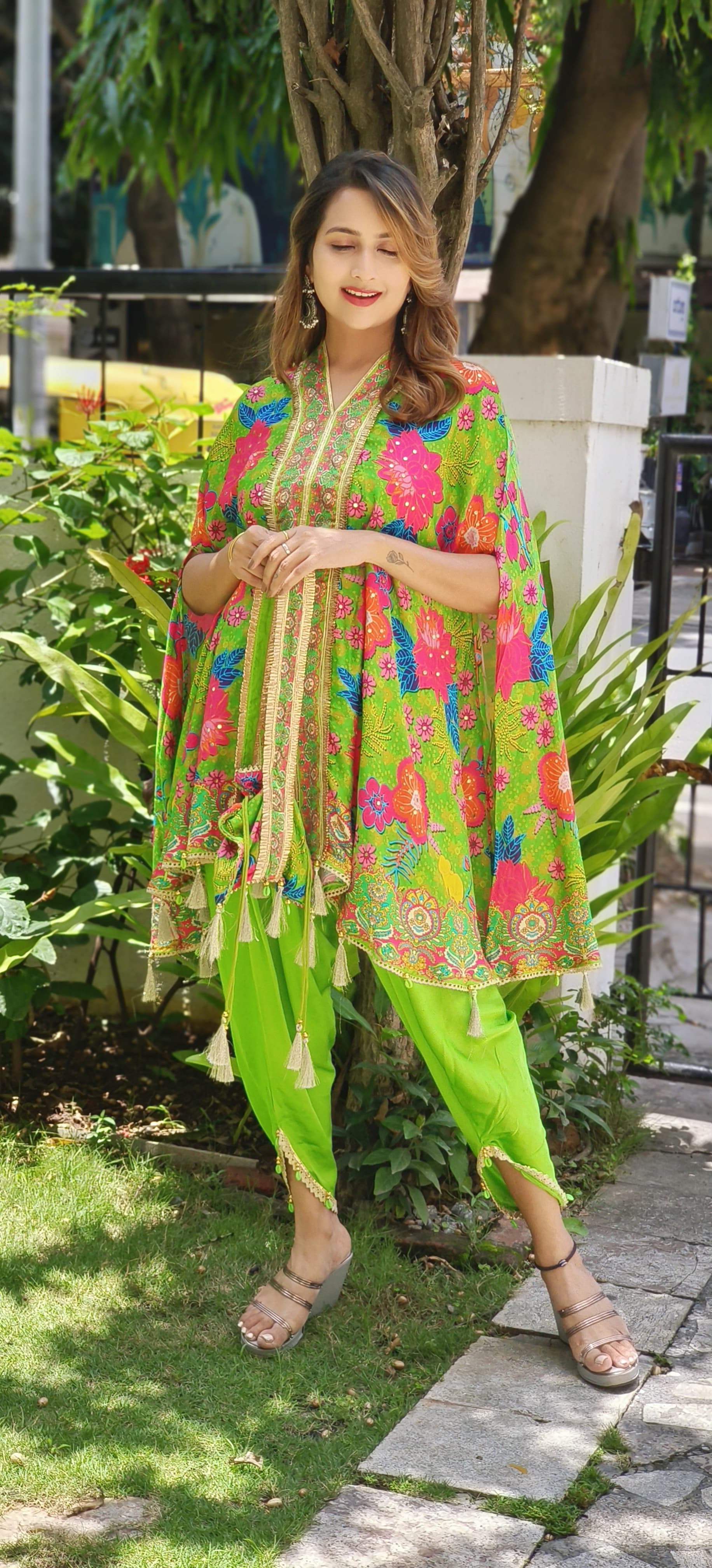 Printed V-neck Satin Silk Kaftan With Tulip Pants And Potali  Bags DRYWAS-06334-36