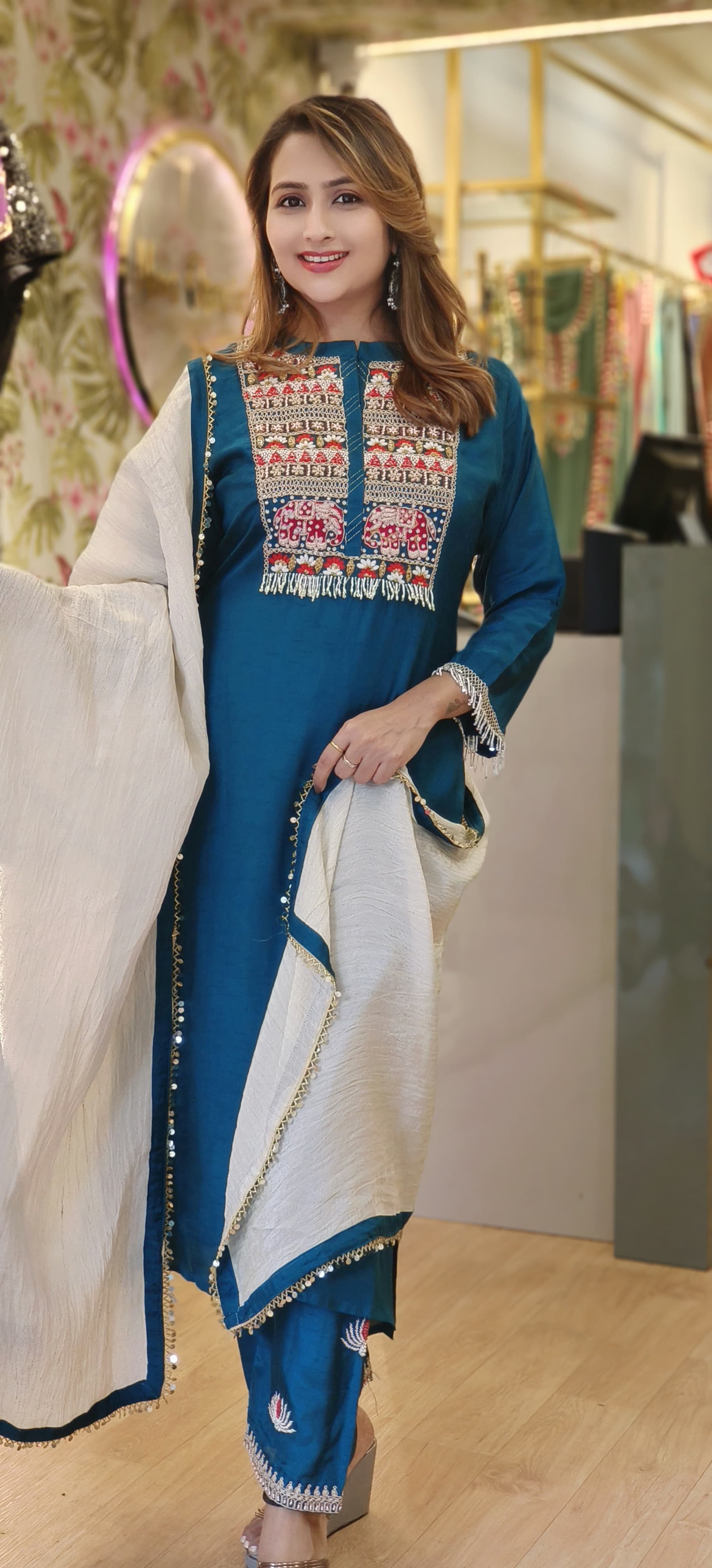 Beautiful Silk Zardozis Work Kurta Pant With Crush Tissue Dupatta -06393-94-95