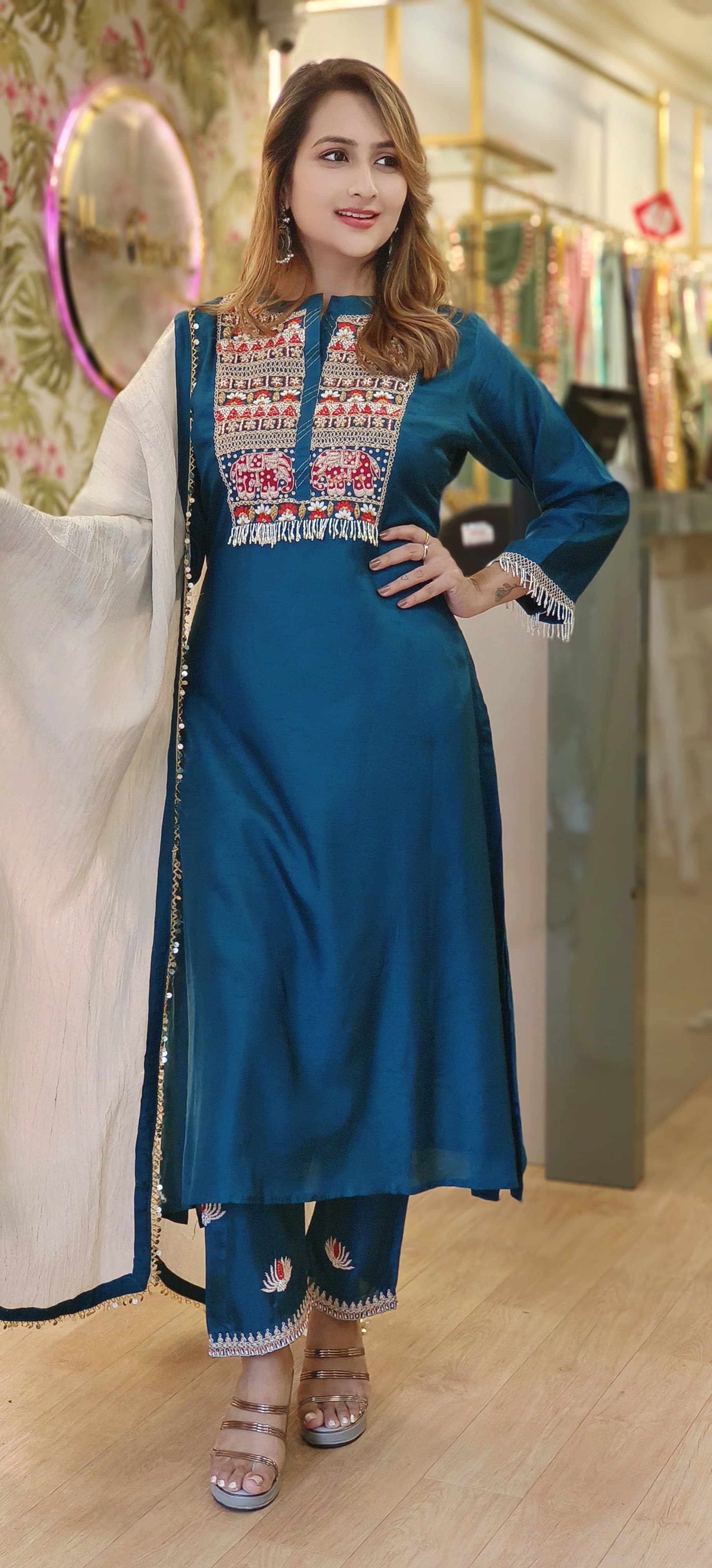 Beautiful Silk Zardozis Work Kurta Pant With Crush Tissue Dupatta -06393-94-95