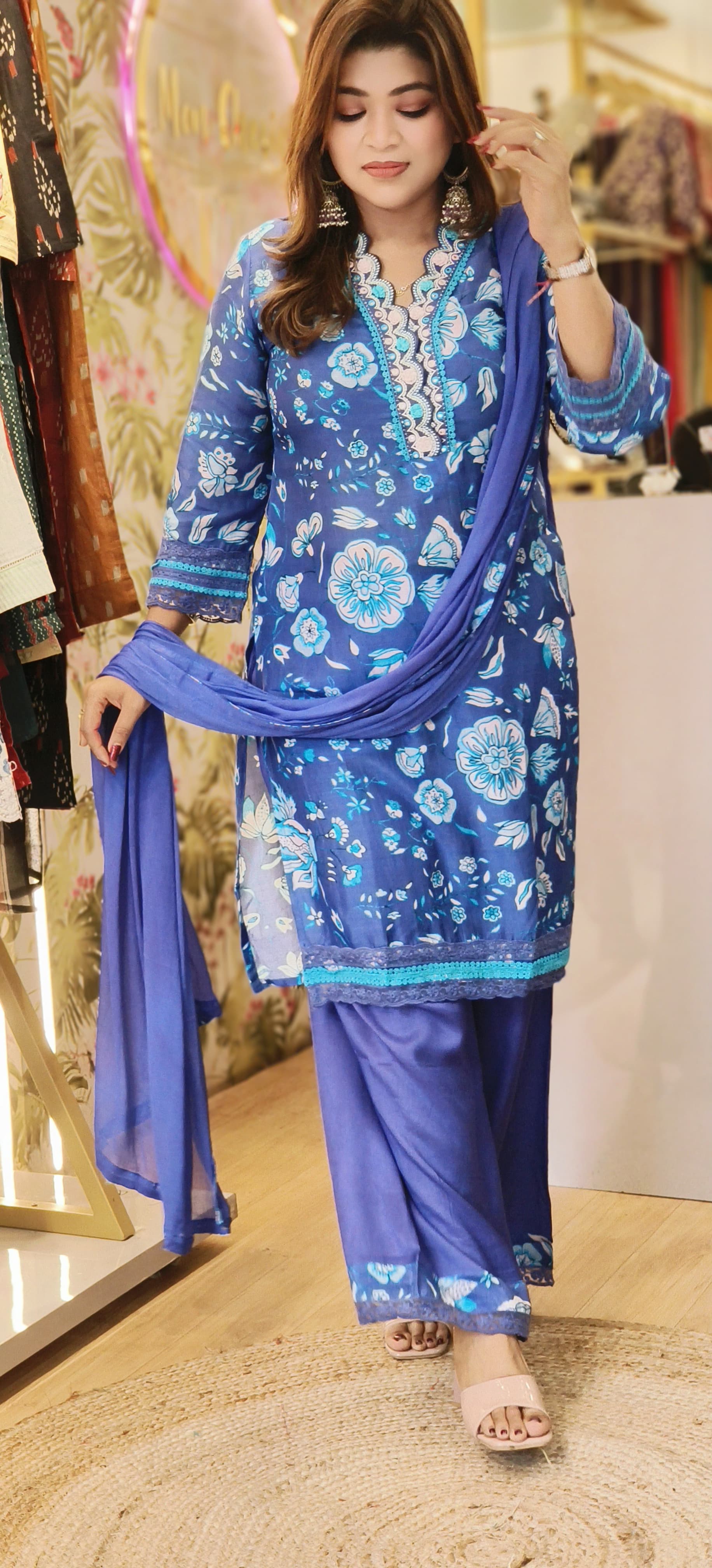 Muslin Floral Printed Foil Mirror Work Full Suit-06389