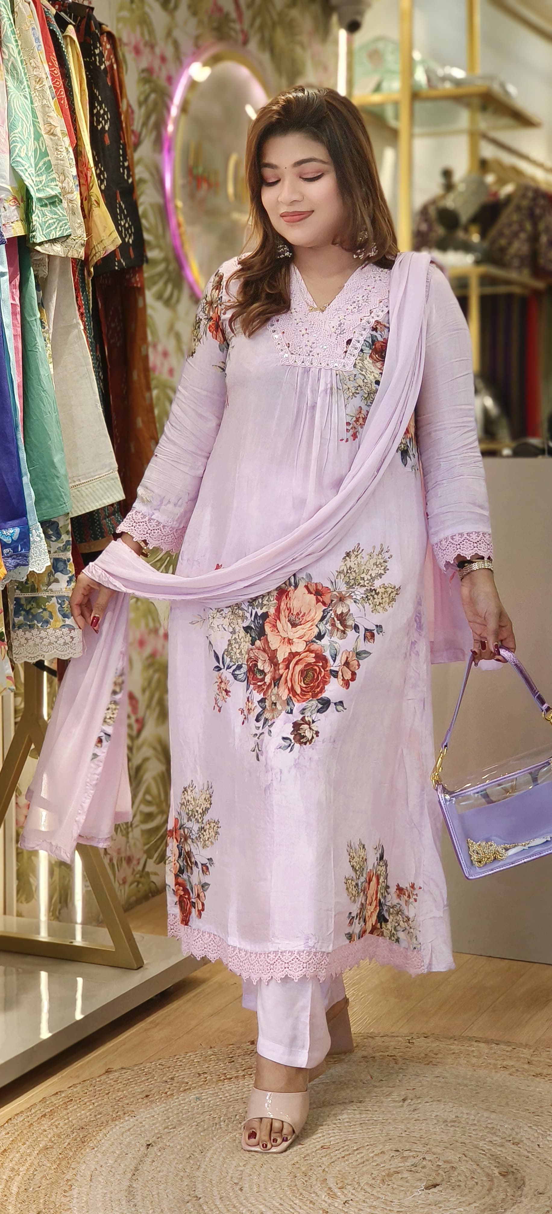 Soft Muslin Floral Printed pearl Embroidery Full Suit-06390