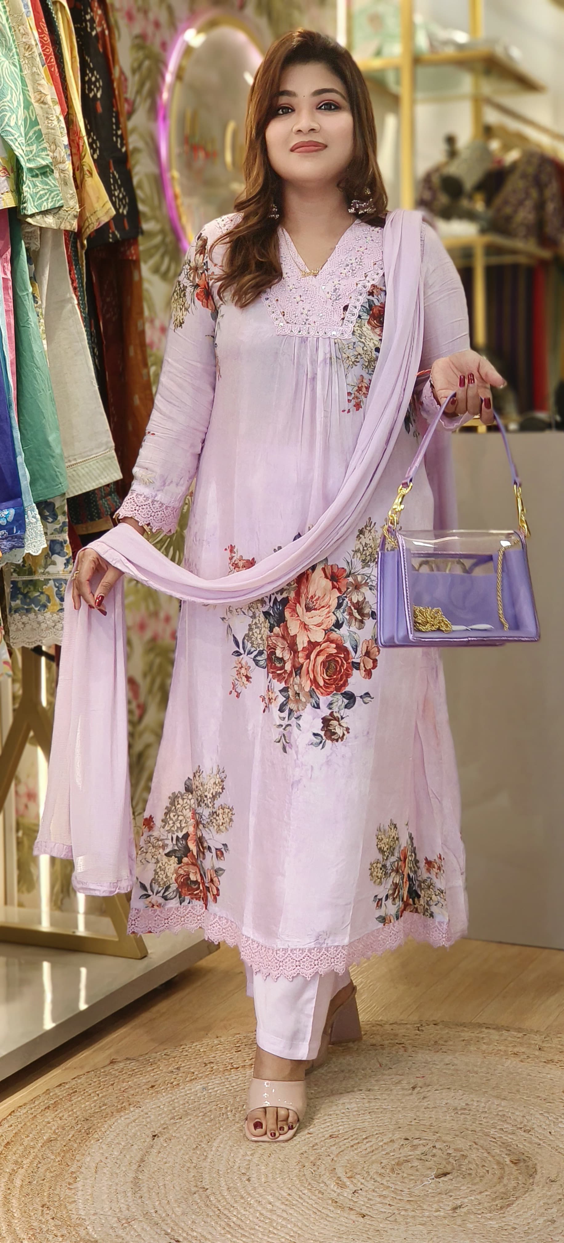 Soft Muslin Floral Printed pearl Embroidery Full Suit-06390